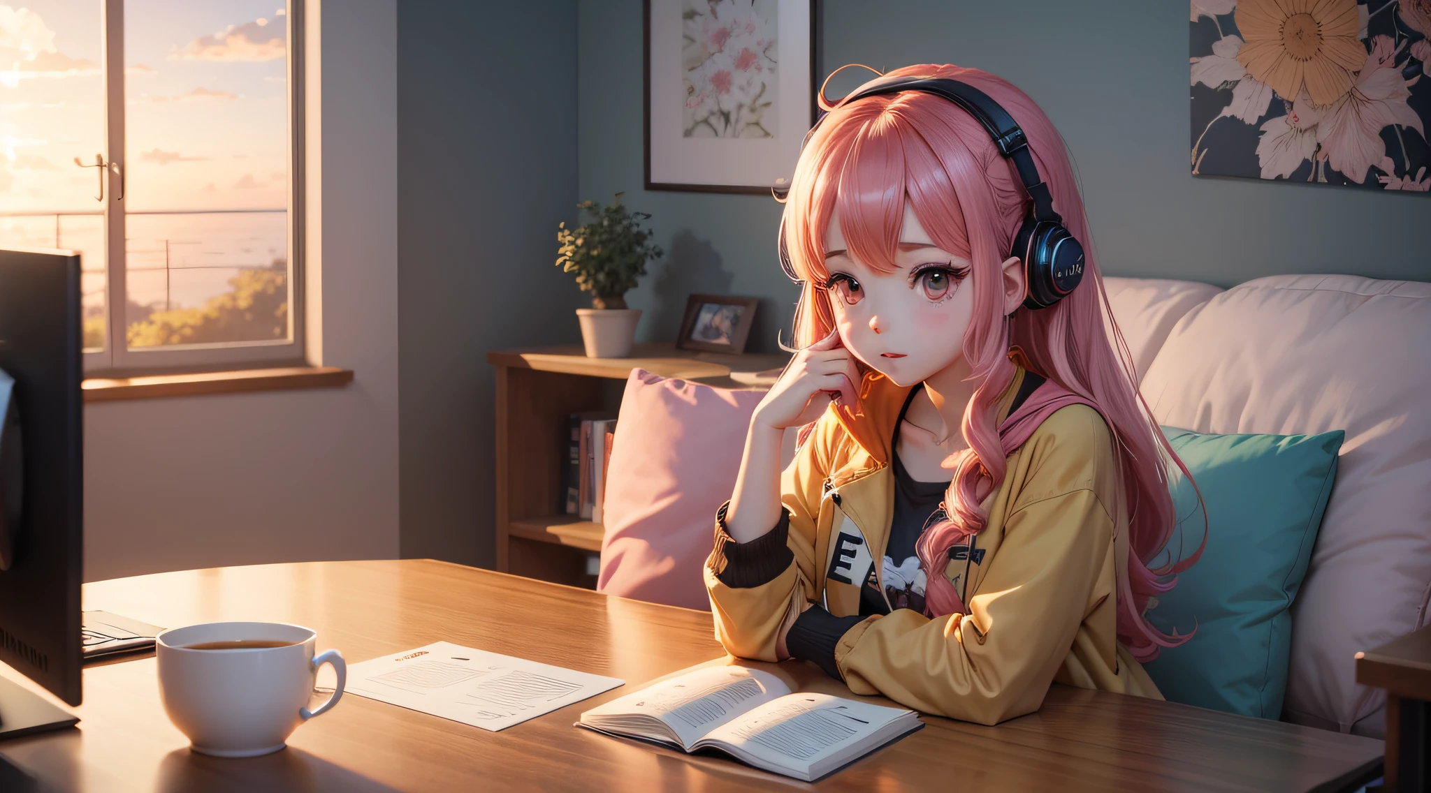 Menina anime sentada em uma mesa com um livro e fones de ouvido, Anime Art Wallpaper 4K, Anime Art Wallpaper 4K, estilo anime 4K, Anime Art Wallpaper 8K, menina lofi, Papel de parede anime 4k, Anime Wallpaper 4k, 4k anime wallpapers, anime girl desktop background, 4 k manga wallpaper, anime vibes, watching the sun set. anime