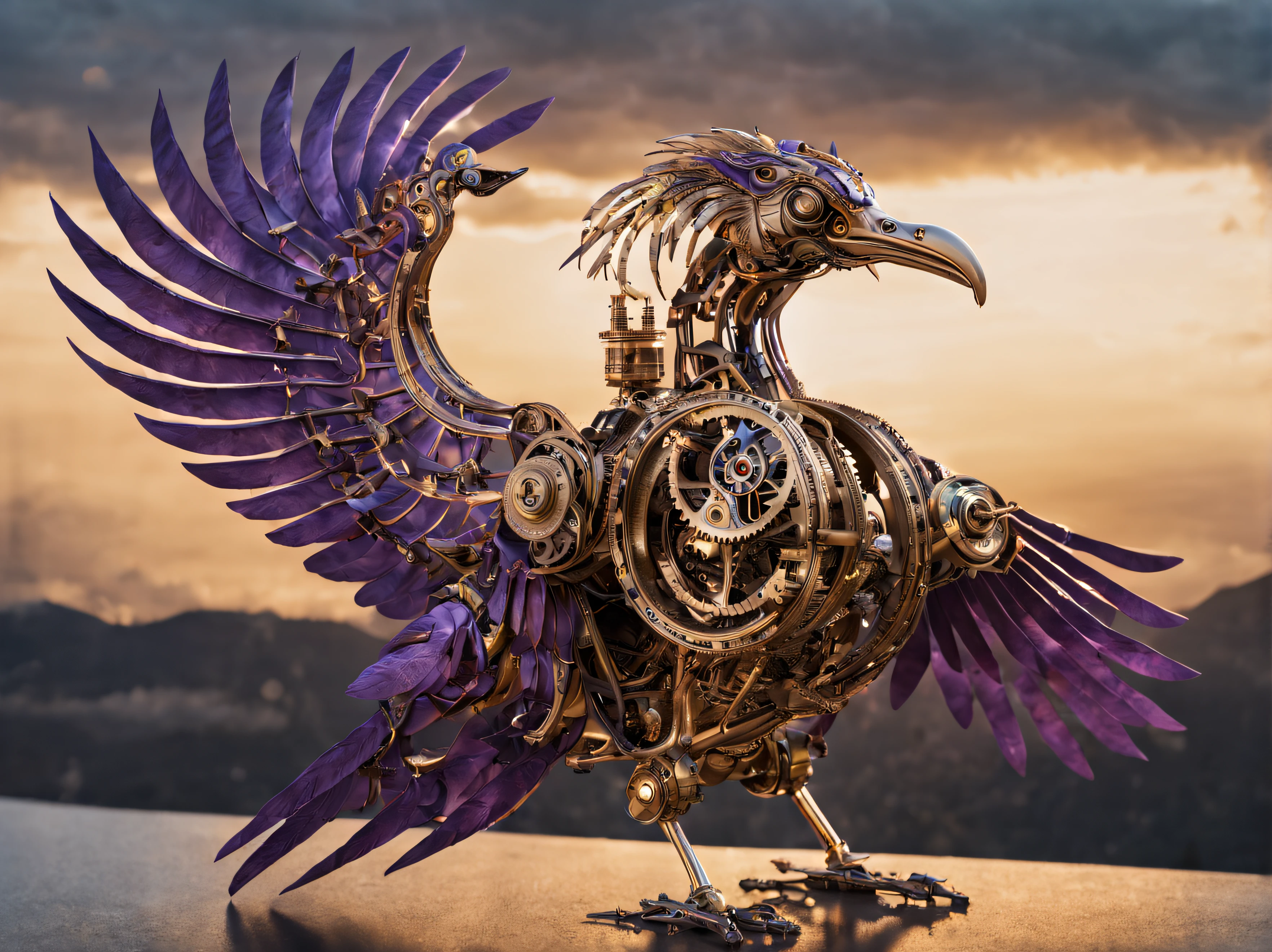 incredibly intricate full body photo of a mechanical phoenix bird ((with visible clockwork elements)), Canon RF, F/2.8, intricate detail, raytracing, subsurface scattering, shadow blending, cinematic, infinite ultra-resolution image quality and render, 55mm, widescreen, clockwork, cogs, mechanical, purple and gold highlights