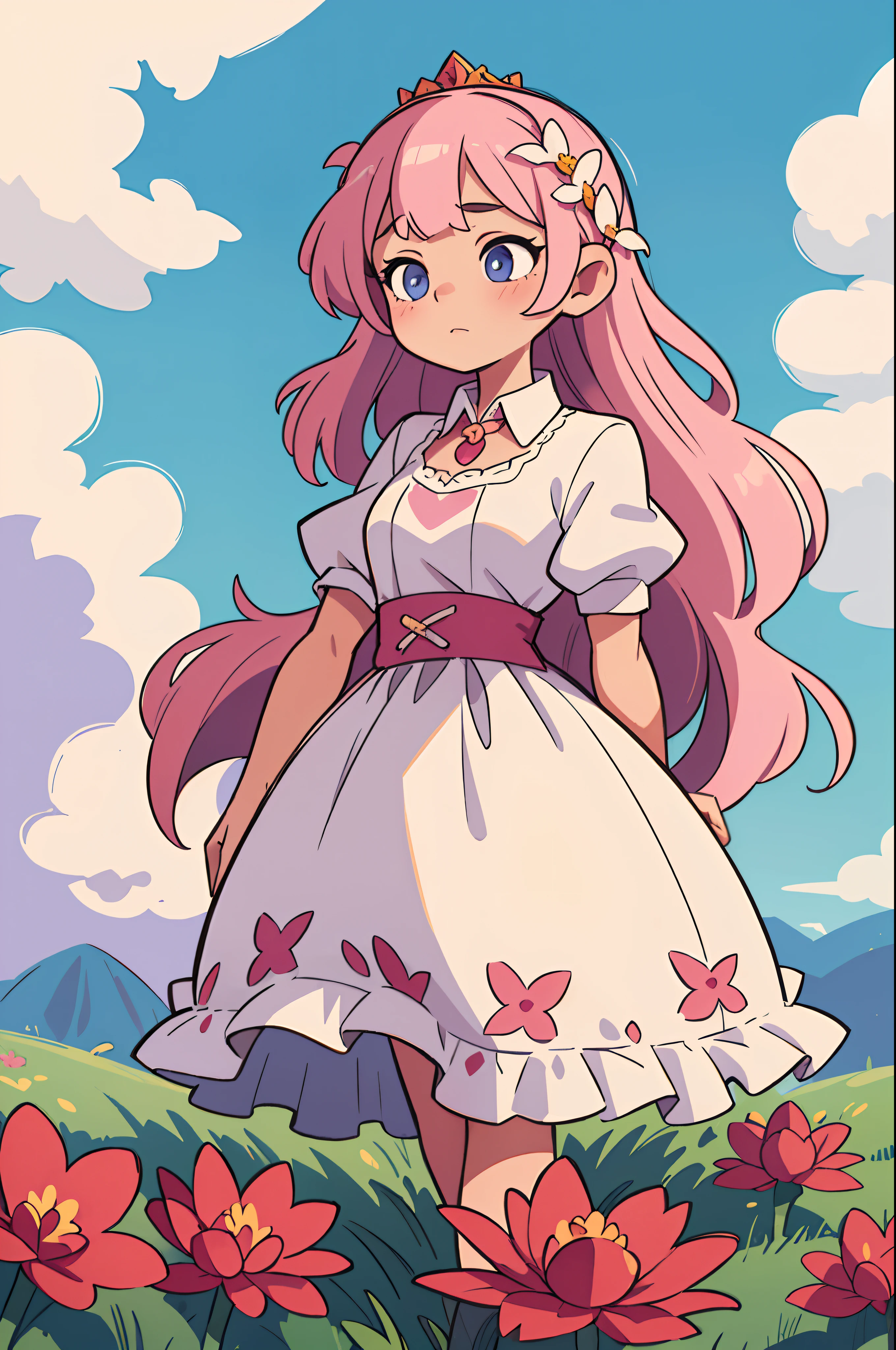 ((best quality, masterpiece)), 
1girl, princess pink dress, flowers, white messy hair,  outdoor, clouds on background,fantasy, medieval