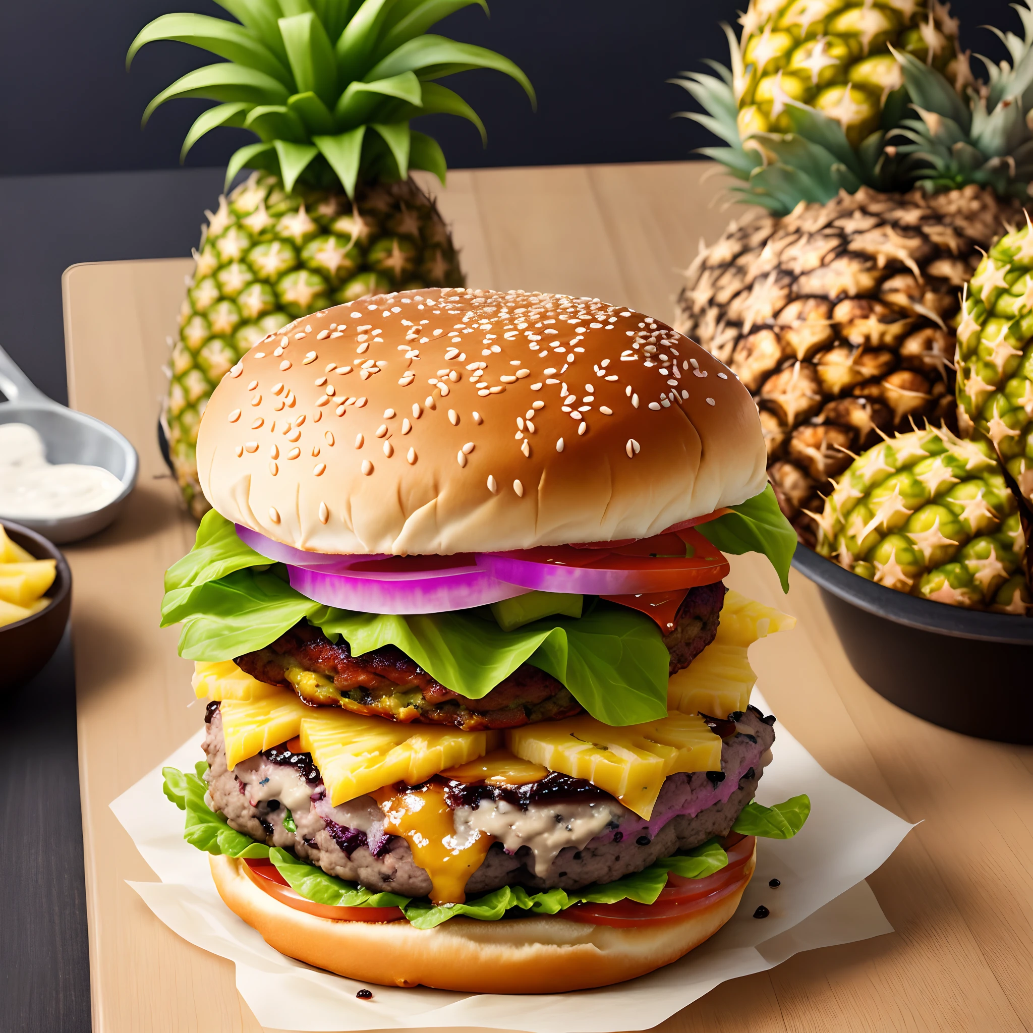 Burger, pineapple, pineapple on burger,