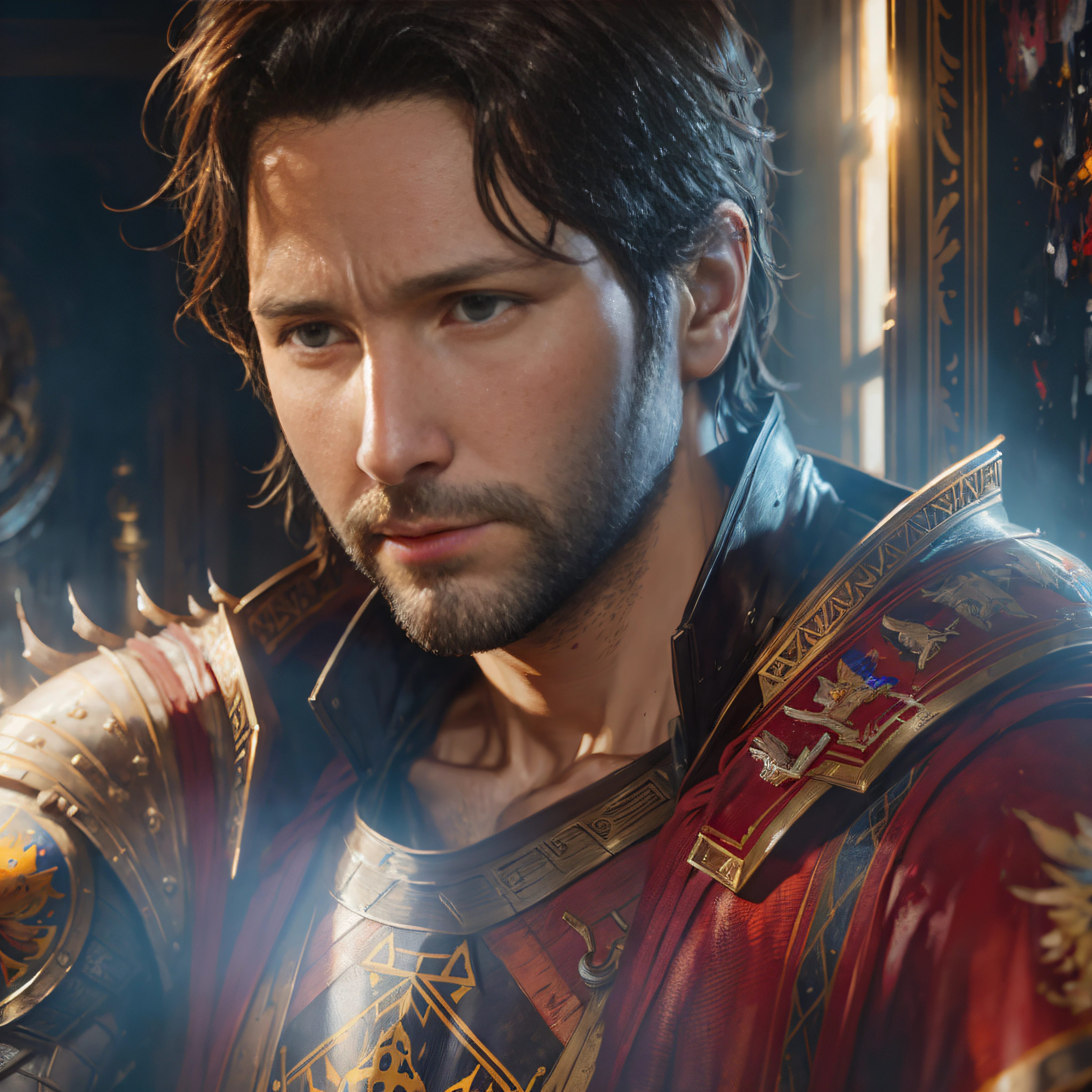Close-up portrait photo of Paul Rudd, Modelshoot style, (the Extremely Detailed CG Unity 8K Wallpapers), Medieval armor, professional majestic oil painting by Ed Blinkey, Atey Ghailan, Studio Ghibli, By Jeremy Mann, Greg Manchess, Antonio Moro, ((Dusk 1)), Trending on ArtStation, Trending on CGSociety, Convoluted, high detailing, Sharp Focus, Dramatic, photorealistic painting art by midjourney and greg rutkowski --auto