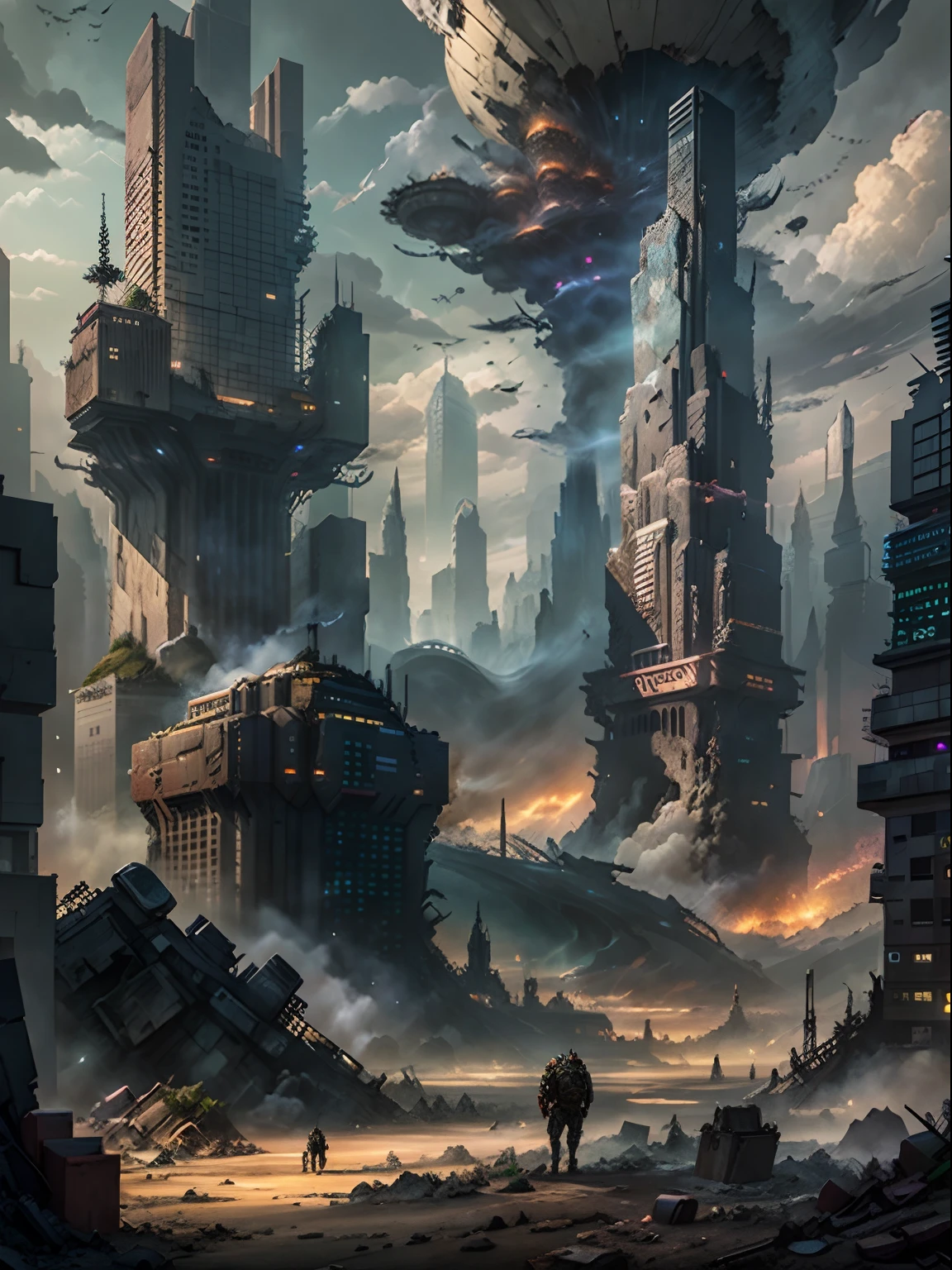 The city of Arafeld with a lot of buildings and a lot of smoke, post apocalyptic landscape, landscape of apocalypse city, post - apocalyptic city, apocalyptic scenery, apocalyptic city, apocalyptic landscape, post-apocalyptic hellscape, post apocalyptic atmosphere, post apocalyptic city, dystopian scifi apocalypse, inspired by Alejandro Burdisio, post - apocalyptic wasteland, apocalypse landscape!!!!!, apocalyptic 8 k