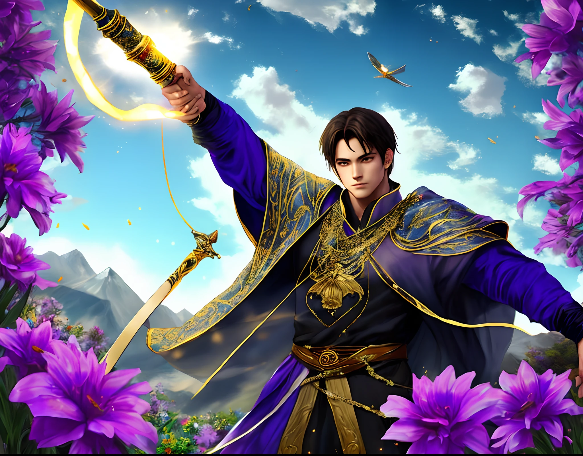 Un Hombre. His figure goes from earth to heaven and is dressed in a purple mantle.. Se para profundamente en el follaje y en las flores. In his head is the cephalic band of an initiate, pereciendo desaparecer misteriosamente en el infinito. Before him on an altar-shaped cube are four symbols of magic—the scepter., la copa, The sword and the pantacule. Tiene su brazo derecho apuntando hacia el cielo, su izquierdo hacia la tierra. Under his mantle he wears a white tunic fitted with a snake biting its tail.. Su cara estaba luminosa y serena.