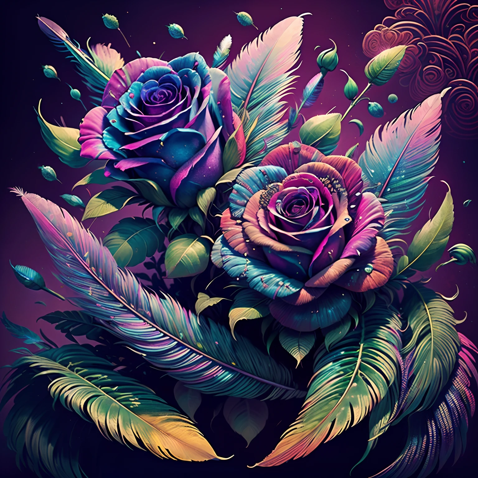 Riff Style 2 (masutepiece, top-quality, Best Quality, Official art, Plants and bird feathers, Beautiful and aesthetic flowers:1.2), (roses:1.3), Extremely detailed,(Fractal Art:1.1),(Colorful:1.1)(Flowers:1.3),highest details,(Zentangle:1.2), (Dynamic Pose), (Colorful abstract background:1.3), (Glossy flowers), (Many colors:1.4), Colorful Accessories, (Feathers:1.5)