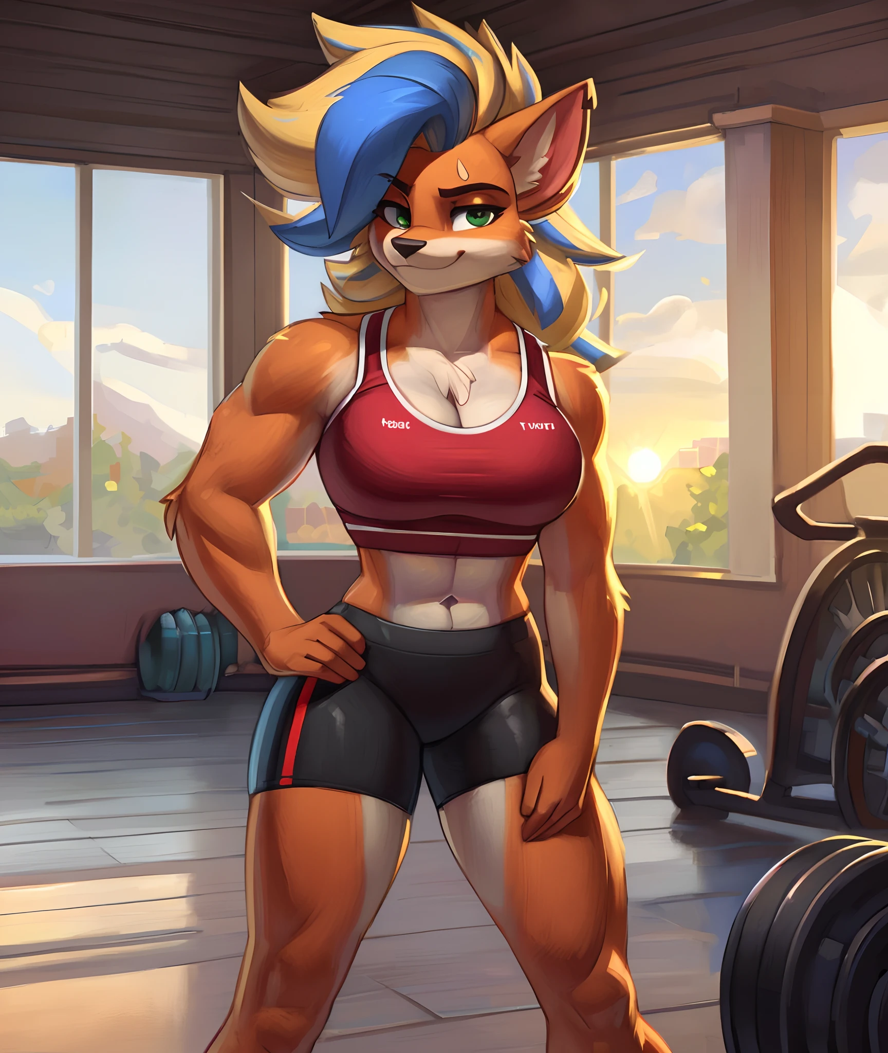 (by zackary911, by darkgem, by wyntersun, by boosterpang), solo focus, solo, 1boy, male, lion boy, cute, girly, femboy, twink, short boy, looking at viewer, smiling, happy, athletic figure, (hyper hips:1.3), (huge bulge), bulgeJ8, penis outline, large balls, long hair, detailed eyes, lust, masterpiece, best quality, lycra shorts, white tank top, nipple outline, pink sneakers, standing upright, photorealistic, hyperrealistic, ultradetailed, detailed background, photo background, digital drawing (artwork), girly, bedroom eyes, (aerobics class), indoors, looking at viewer, stretching, hands behind head, (tail),