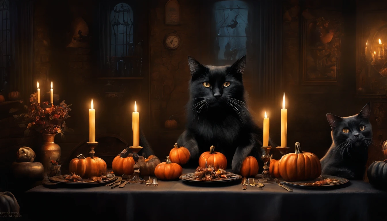 Paint Halloween design with witches dining under candlelight inside a dark house full of cats. Mural Art Design. Dark Gothic and Vintage style design.