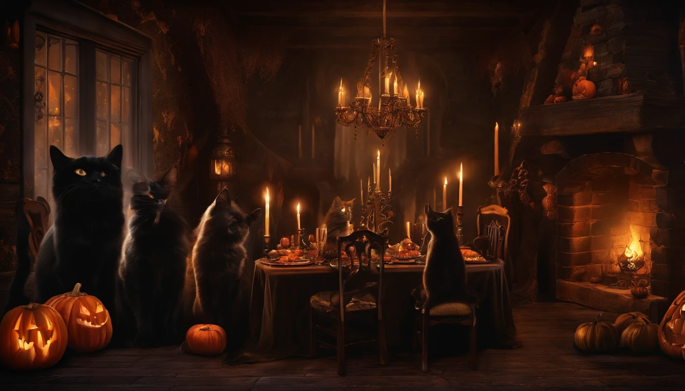 Paint Halloween design with witches dining under candlelight inside a dark house full of cats. Mural Art Design. Dark Gothic and Vintage style design.