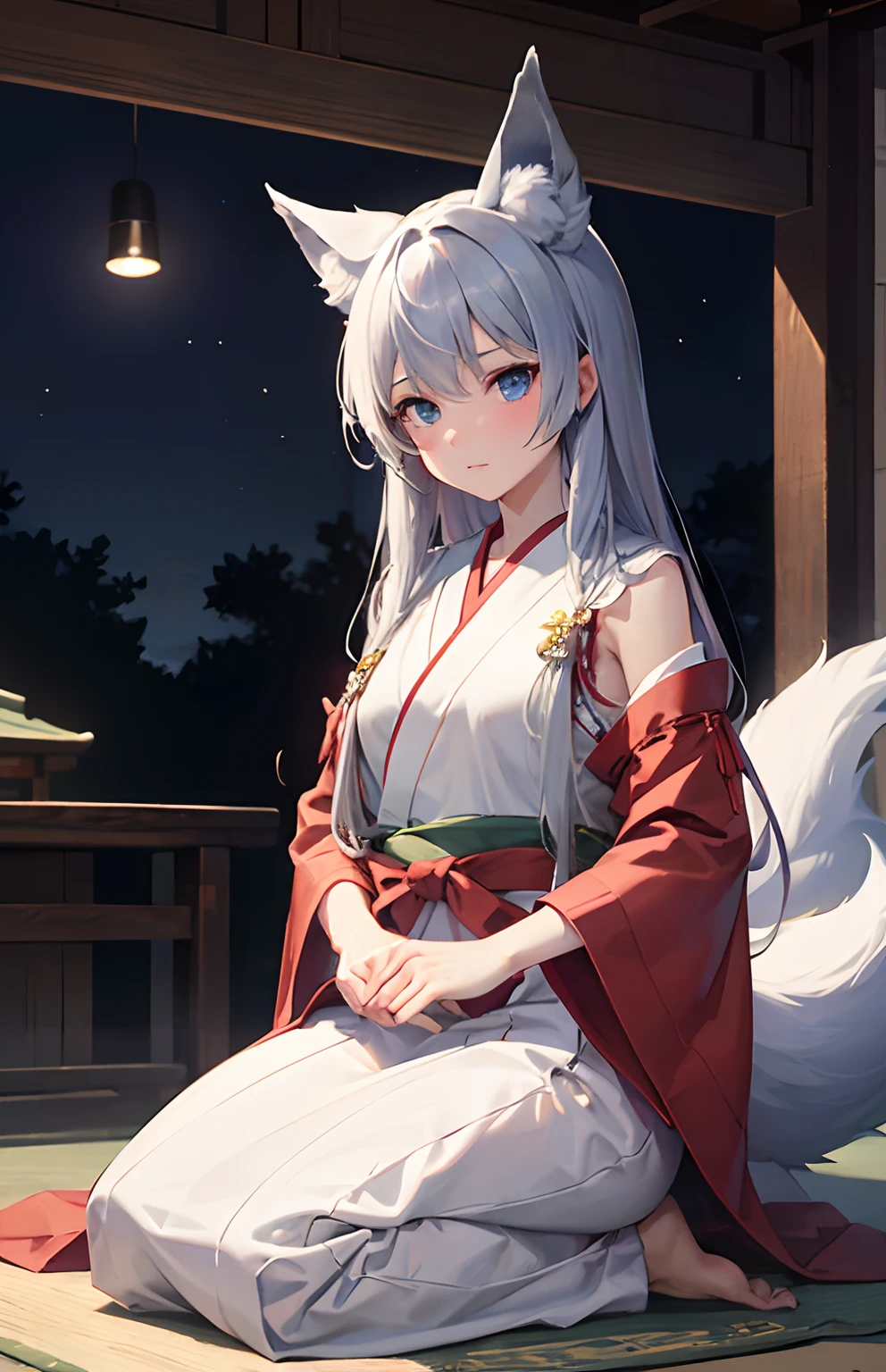 masterpiece,Top image quality,hight resolution,imagem 4k,Raw photo,Photorealsitic,{Solo},s girl,Embarrassment,silber hair,stare at each other,Crimson Hakama,Blue eyes,小柄,Silver fox ears,Fox tail,shrine maiden,boyish,salon,hime-cut,inside in room