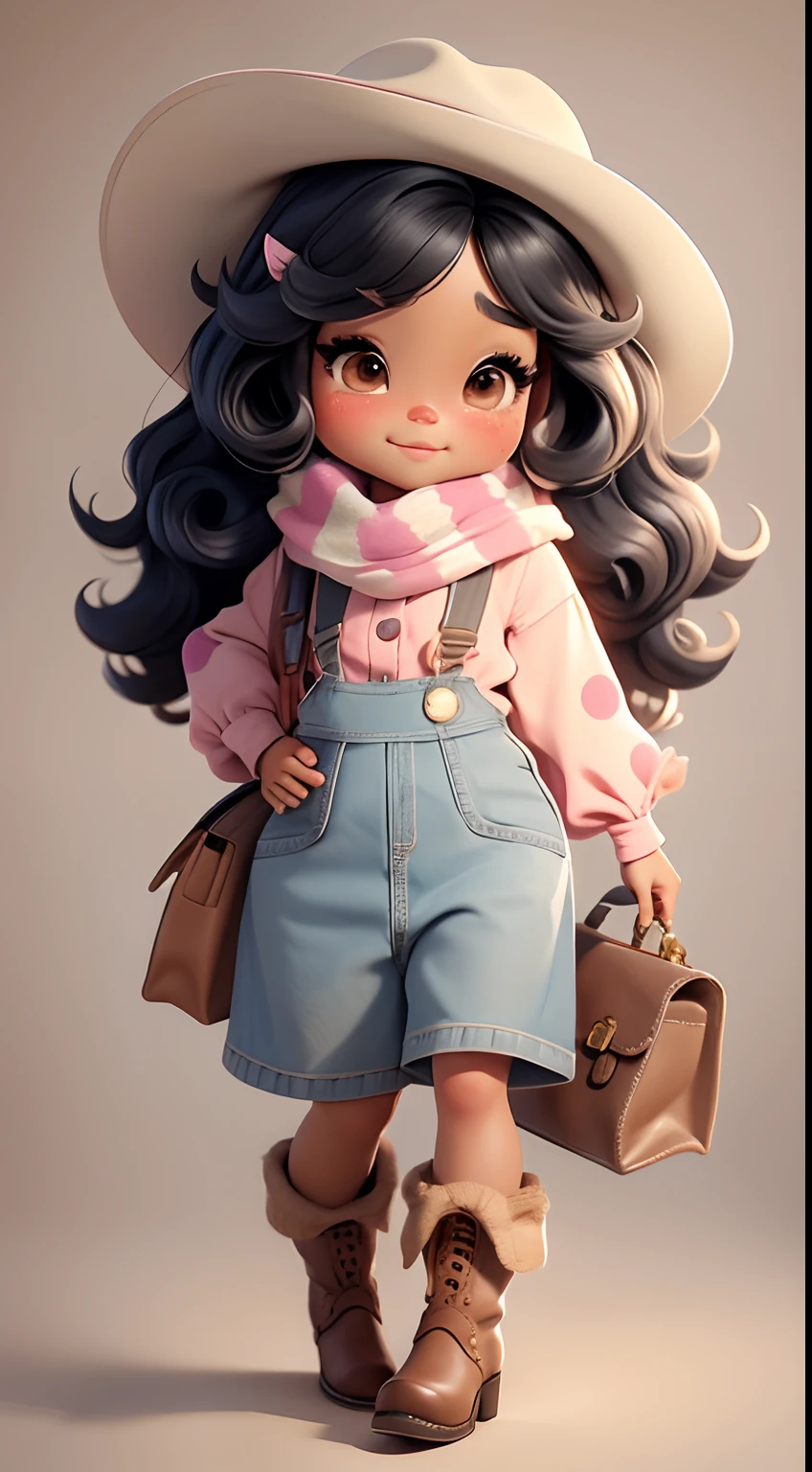 Create a set of black skin afro doll Chibi cute baby style with cute cowgirl theme., Each piece has a lot of detail and 8K resolution.. All dolls should follow the same and complete stable background pattern in the picture., Show (full entire body, Including legs: 1.5)
Cowgirl doll: Call her Mia.. She should have moderately wavy mixed hair.. Your eyes should be big and curious., It has long eyelashes and slightly pink cheeks.. Mia should wear a sensitive jumpsuit., Cowboy boots and polka dot shirts and cute cowboy hats.. She had to carry farm jewelry.. Add details like bags and scarves to the apron to make it more glamorous., Cute shoes
Don't forget to add shadows., Texture and detail in hair, clothes, Cute cowboy appliances, To make them more cute and charming..