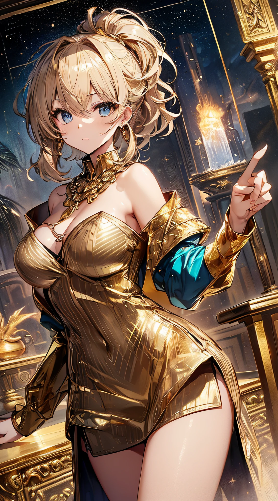 top-quality、Top image quality、masterpiece、girl with((18year old、Gold underwear,Best Bust、Medium bust、Bust 85,Beautiful blue eyes、Breasts wide open,Sexy Gold Dress、Gold Miniskirt、Gold Earrings、Gold necklace、Gold Ring、Shining golden ponytail、Gold Shoes、Point the finger at the viewer、Slouched)hiquality、Beautiful Art、Background with(Shining meteors,kosmos、Gold Room、Gold Table、Gold Chair、Monitors、Gold Room、Gold Bookshelf、Golden Falls、phoenix)),masutepiece、Elaborate design、visualart、depth of fields、The best lighting、highestdetailed、Front Angle