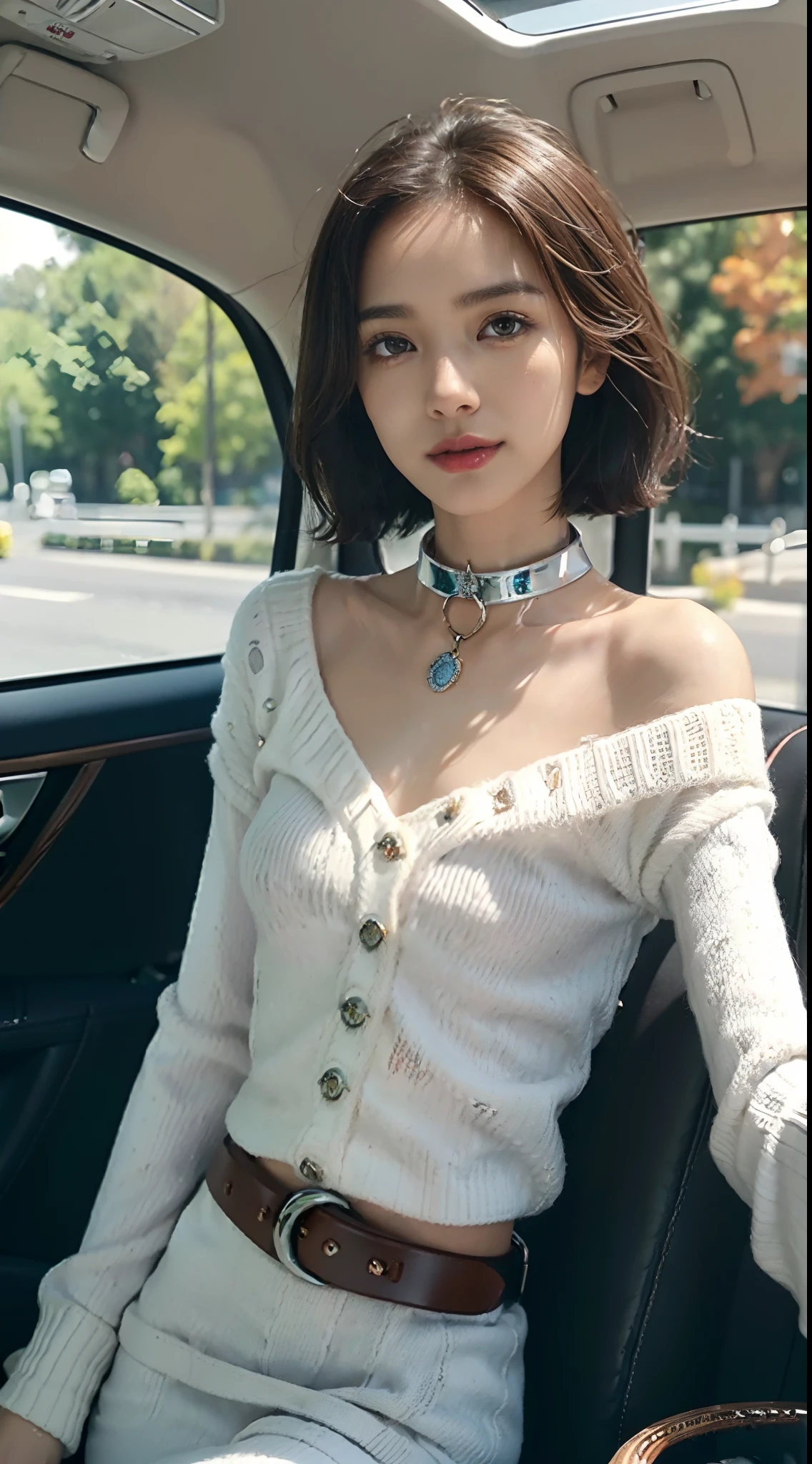((Small underboob)), (shoulder length straight short hair:1.1),Upper body, （Extremely meticulous CG 8k wallpaper），（Extremely refined and beautiful），（Masterpiece），（best qualtiy：1.0），（Ultra High Resolution：1.0），beautiful light up，Perfect lightning，realistic shaded，[A high resolution],(Smooth and flawless fair skin:1.5),(shiny skin:1.5),Extremely exquisite facial details,(perfect body：1.1），ultra - detailed，A beautiful girl,small head,(Small breasts:1.1)，Flat chests，slim，thin，Smile，cheerfulness,(dog collar:1.5),(white sweater:1.5),(white pantyhose:1.5），autumn，Morning,in a spacious private car,A female driver,sitting in seat,Steering wheel,intently driving car,safety belt,close Shot,(cowboy shot:1.3),as if the camera is on the passenger seat,(Portrait above chest level:1.3),looking straight ahead,legs open