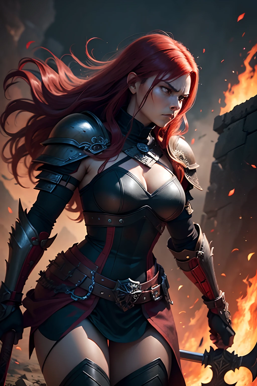 warrior woman looks down, she is angry because she looking for vanges, her friends are all dead, around her there is only death and destruction, there is smoke and fire, and she is desperate, she is with no way out. Red hair. black armor, black background.rich background. Warhammer, fantasy, big two sided axe