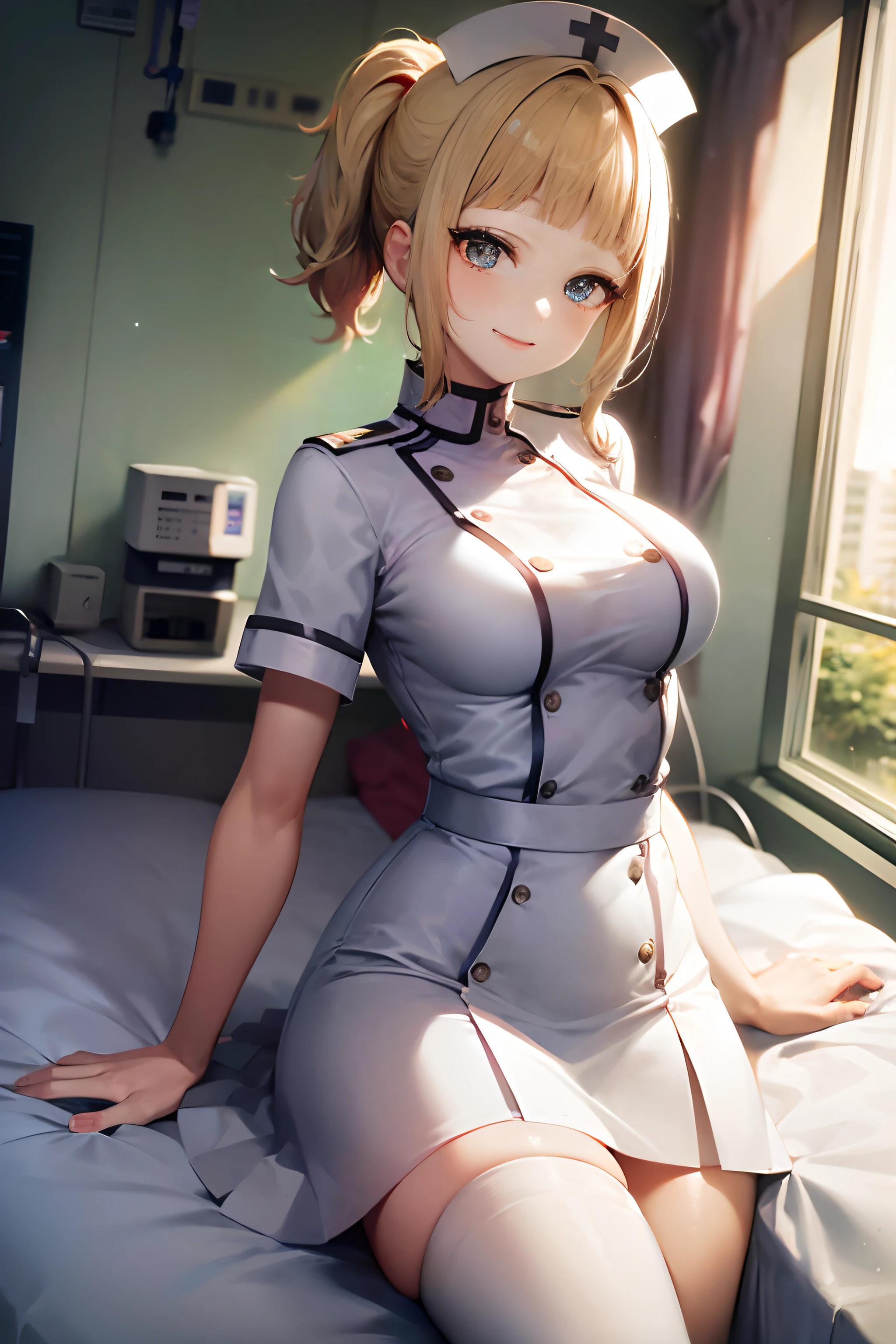 Nurse, ((white nurse uniforms:1.5)), ((white skirt:1.5)), break, very detailed face and eyes, ((Kyoto Animation Style)), super precision, ​masterpiece, very extremely beautiful, Princess Face,  shorth hair, Straight hair, a blond, ((Short ponytail:1.5)), ((Straight bangs:1.5)), ((hime-cut:1.5)), big eye, Blue eyes, ((medium breasts)), BREAK, Red ribbons, cowboy  shot, dynamicposes, gland, A smile, frombelow, Latex, hospitals, ((Hospital Room:1.5)), ((a bed)), lie on one's side, frombelow,