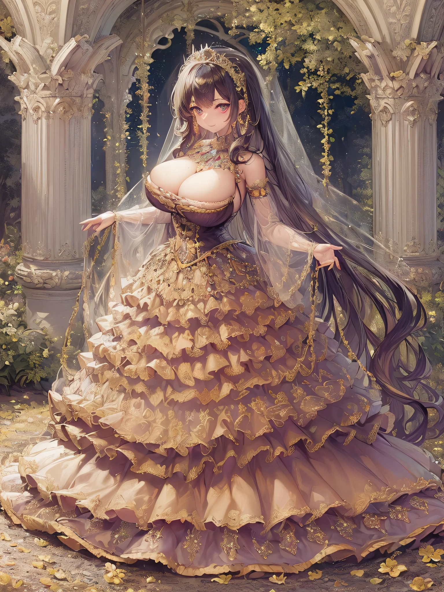 ((anime artstyle)),(Masterpiece),(Best Quality), (Super Detail),(Highly Detailed CG Unity 8k wallpaper),((Very Delicate and Beautiful)),cinematic lighting,1 girl,((full body portrait)),((standing in garden)),((solo)),(((1 fairytale princess in gorgeous embroidery and jeweled extremely gorgeous rococo princess ballgown with voluminous full length hoop skirt))),an hourglass waist,padded and corseted bodice,(((huge crinoline hoopskirt))),long train,((gorgeous embroidery and jeweled)),voluminous frills,See-through,(((extremely gigantic tits,skindentation))),cleavage,((absurdly Long Straight Hair,extremely voluminous Straight long Hair,absurdly Long Straight Hair)),(finely detailed face and eyes),(Blush,Smile),clear pupil,extremely gorgeousfull hair ornament,(bling-bling jeweled extremely gorgeousfull tiara),((bling-bling gorgeous gemstone jewelry)),gorgeous long veil,((ultra long gloves)),(beautiful background),(full body),((gorgeous embroidery and jeweled extremely gorgeous rococo princess ballgown with voluminous full length hoop skirt))