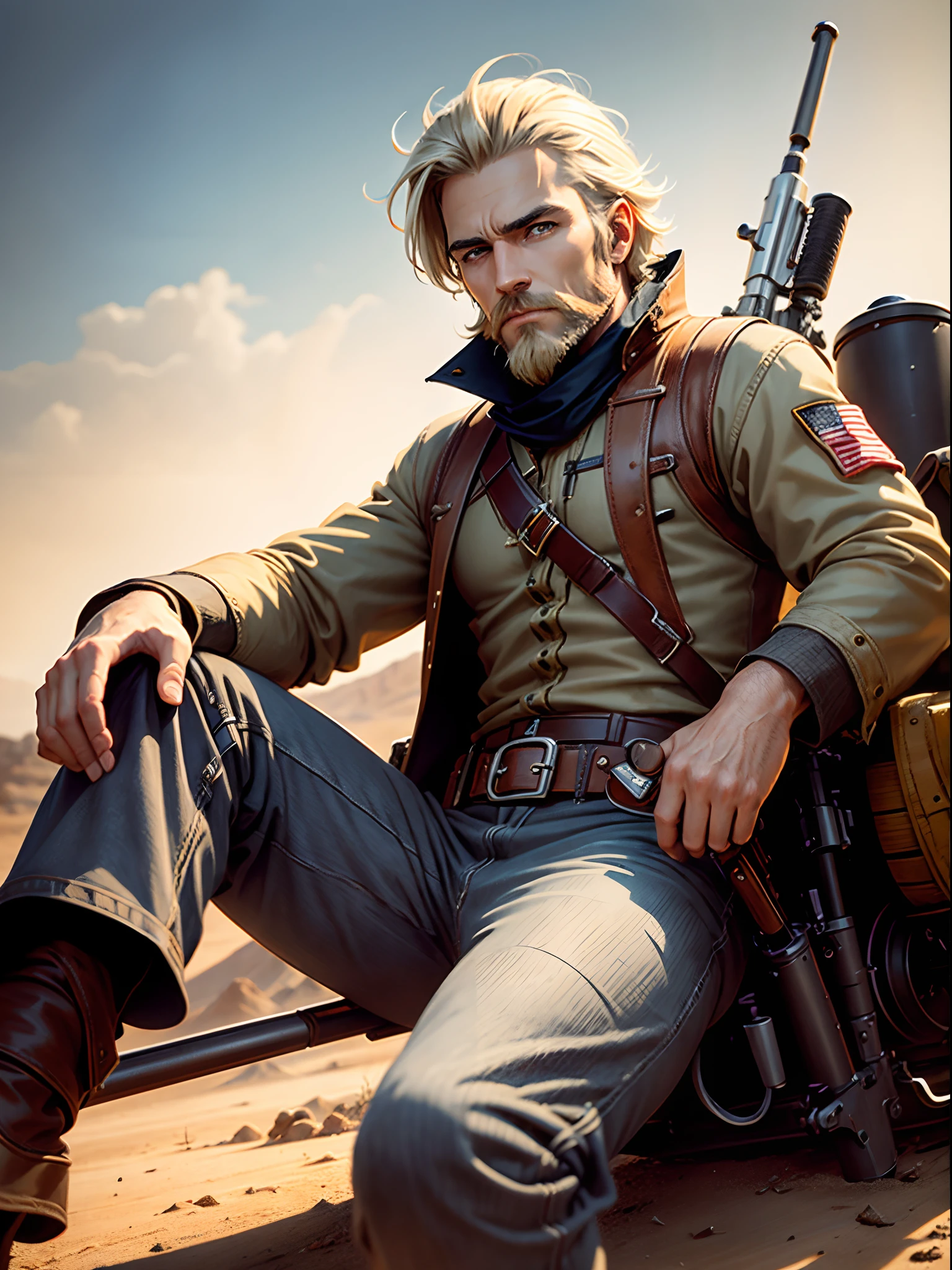 1man, male focus, western outlaw, sitting on a rocket sled, blonde hair, medium hair, grey eyes, scruff beard, holding a gun, holding a rifle, lever action rifle, solo, spaghetti western art style, full body shot