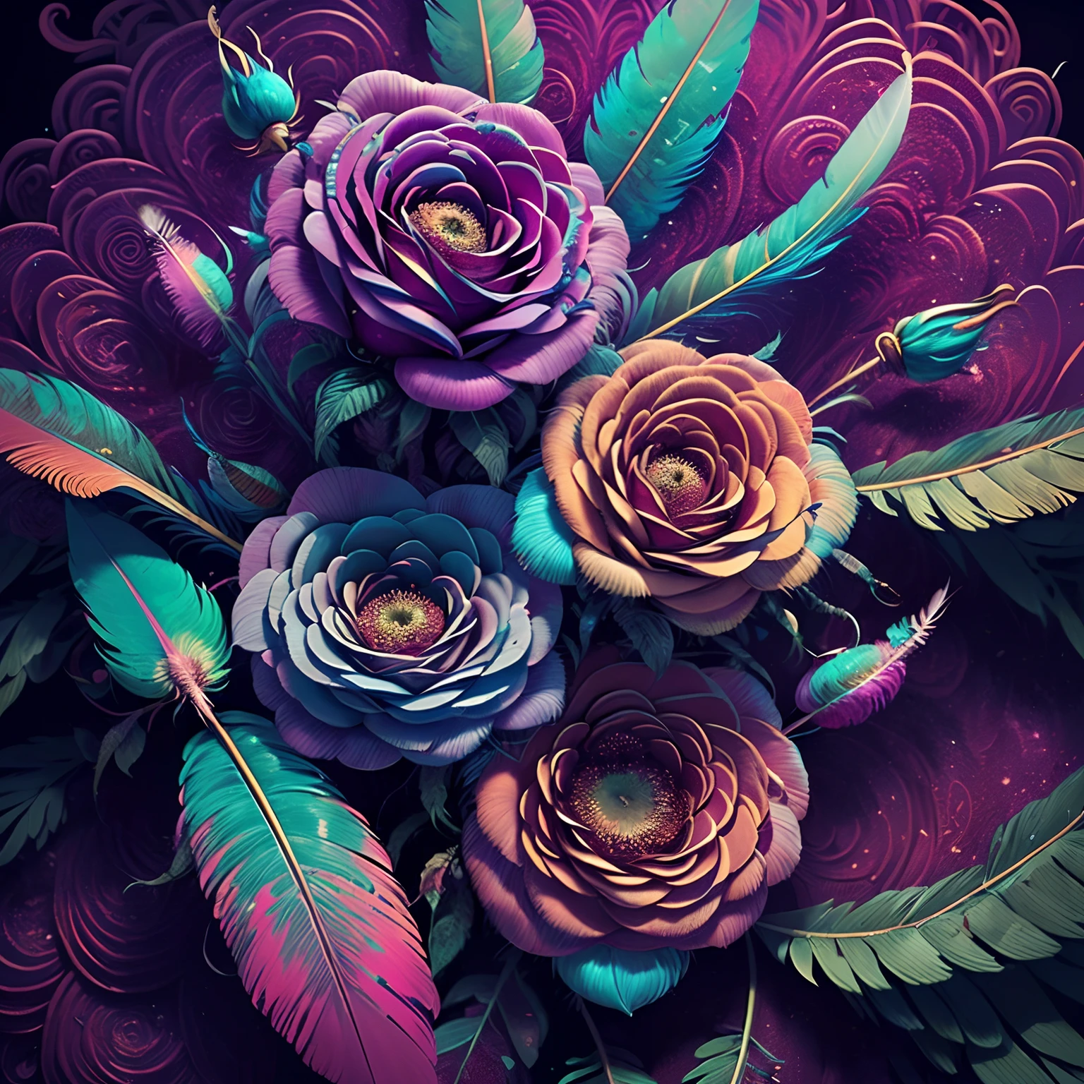Riff Style 2 (masutepiece, top-quality, Best Quality, Official art, Plants and bird feathers, Beautiful and aesthetic:1.2), (roses:1.3), Extremely detailed,(Fractal Art:1.1),(Colorful:1.1)(Flowers:1.3),highest details,(Zentangle:1.2), (Dynamic Pose), (Abstract background:1.3), (Glossy flowers), (Many colors:1.4), ,(earrings), (Feathers:1.5)