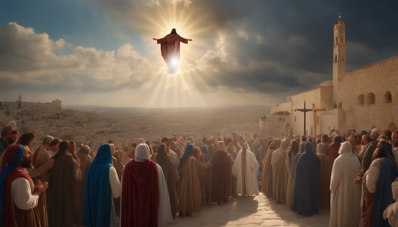 Giant Jesus descending from the sky among the clouds to a crowd in Jerusalem, realistic image, detailed scenery, masterpiece, 8K --ar 16:9