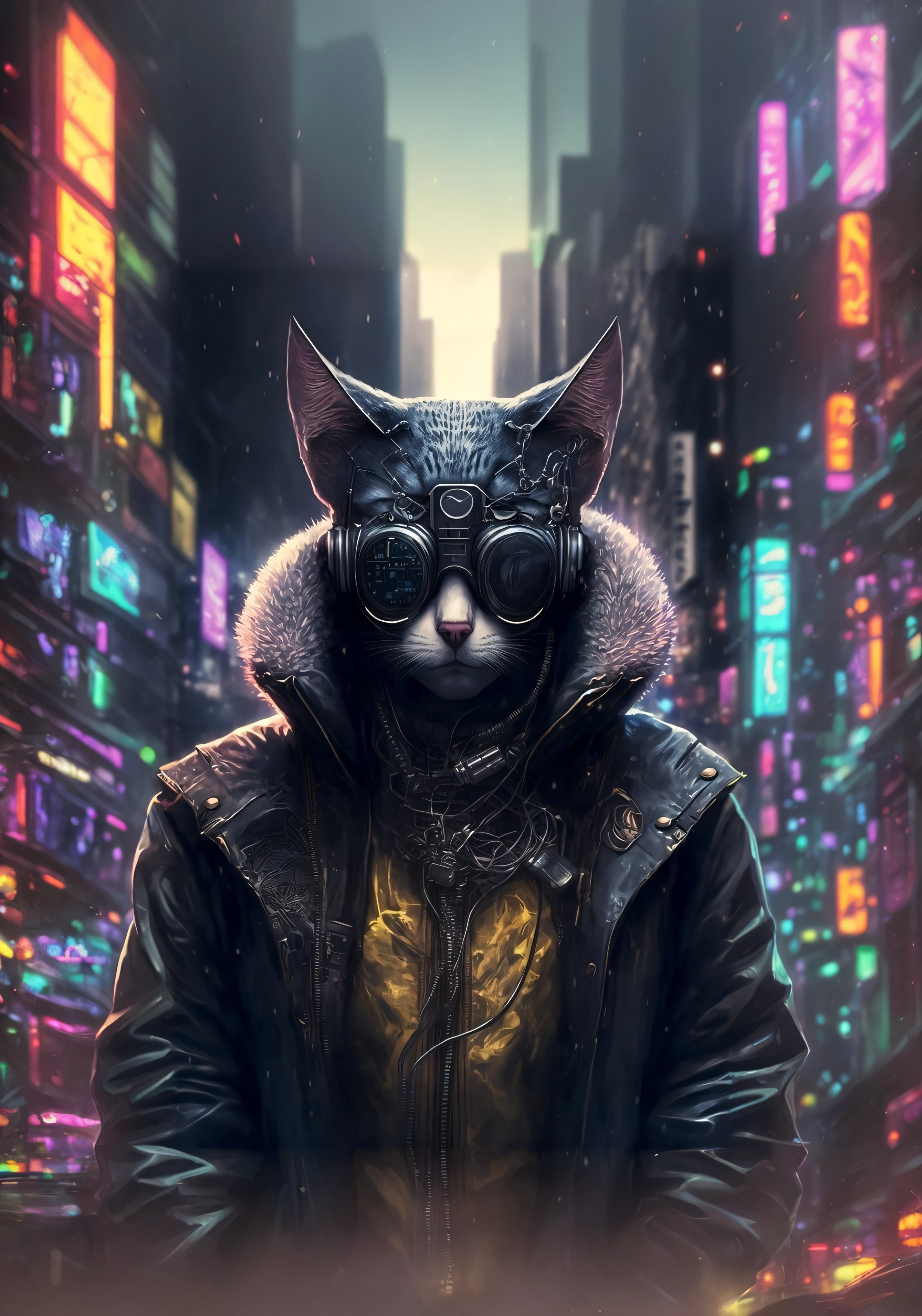 There's a cat wearing a leather jacket and glasses on a city street, gato Cyberpunk, no estilo Cyberpunk, tem estilo Cyberpunk, Cyberpunk Streetwear, Cyberpunk))), an anthropomorphic cyberpunk fox, Cyberpunk Mouse Folk Engenheiro, estilo Cyberpunk hiper-realista, estilo de arte Cyberpunk, Cybercat, gato ciborgue, Wojtek FUS, cyberpunk themed art, cyberpunk vibes