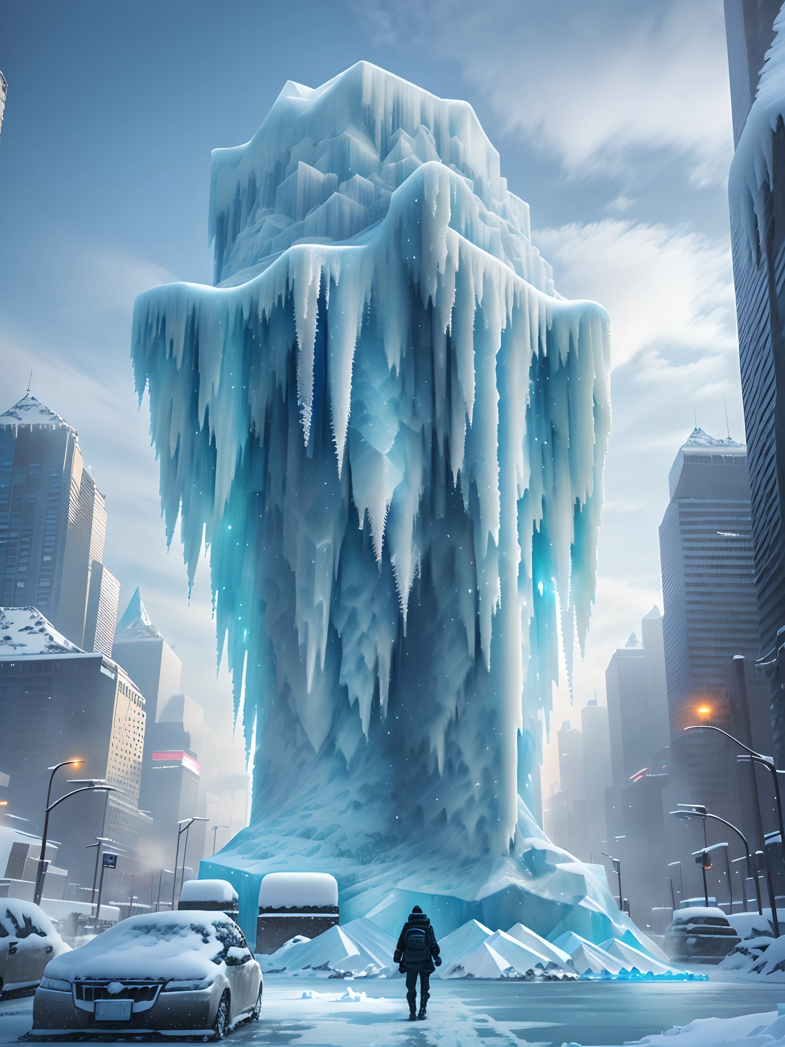 Snowy city,Snow-capped skyscrapers,People walk on snowy roads, ice city in 2 0 8 0, apocalyptic future city, Photo of futuristic cityscape, futuristic dystopian city, Futuristic city landscape, futuristic urban background, Futuristic city background, Futuristic city landscape, dystopian scifi apocalypse, futuristic urban background, dystopian city, Dystopian digital concept art,frozen waterfall, Icicles, Frozen statue, Icicles, icy, Freeze and cover with ice, Covered in ice, entrapped in ice, Terrible sharpness and cold, frozen like a statue, everything is made out of ice