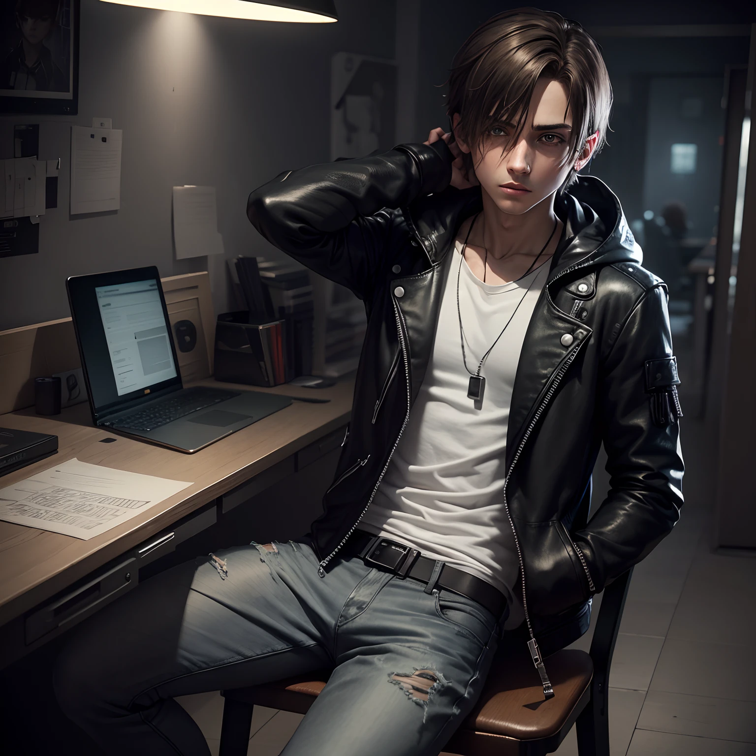 Alon boy look like leon kennedy, detailing eyes face ,outfits gray hood black leather jacket white t shirt black jean,heart broken, use computer,notebook And mic on table,full dark room