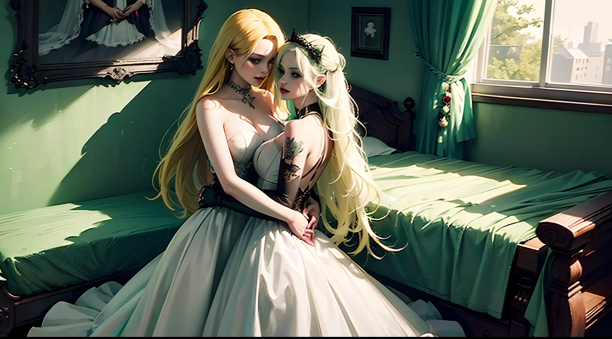 Perfect Quality,( Dark & Sensual), (2 girls), (Harley Quinn, in a long white wedding dress, blonde long straight hair), (poison ivy, green skin, in a short green wedding dress made of flowers), Hugging each other while standing, in bedroom