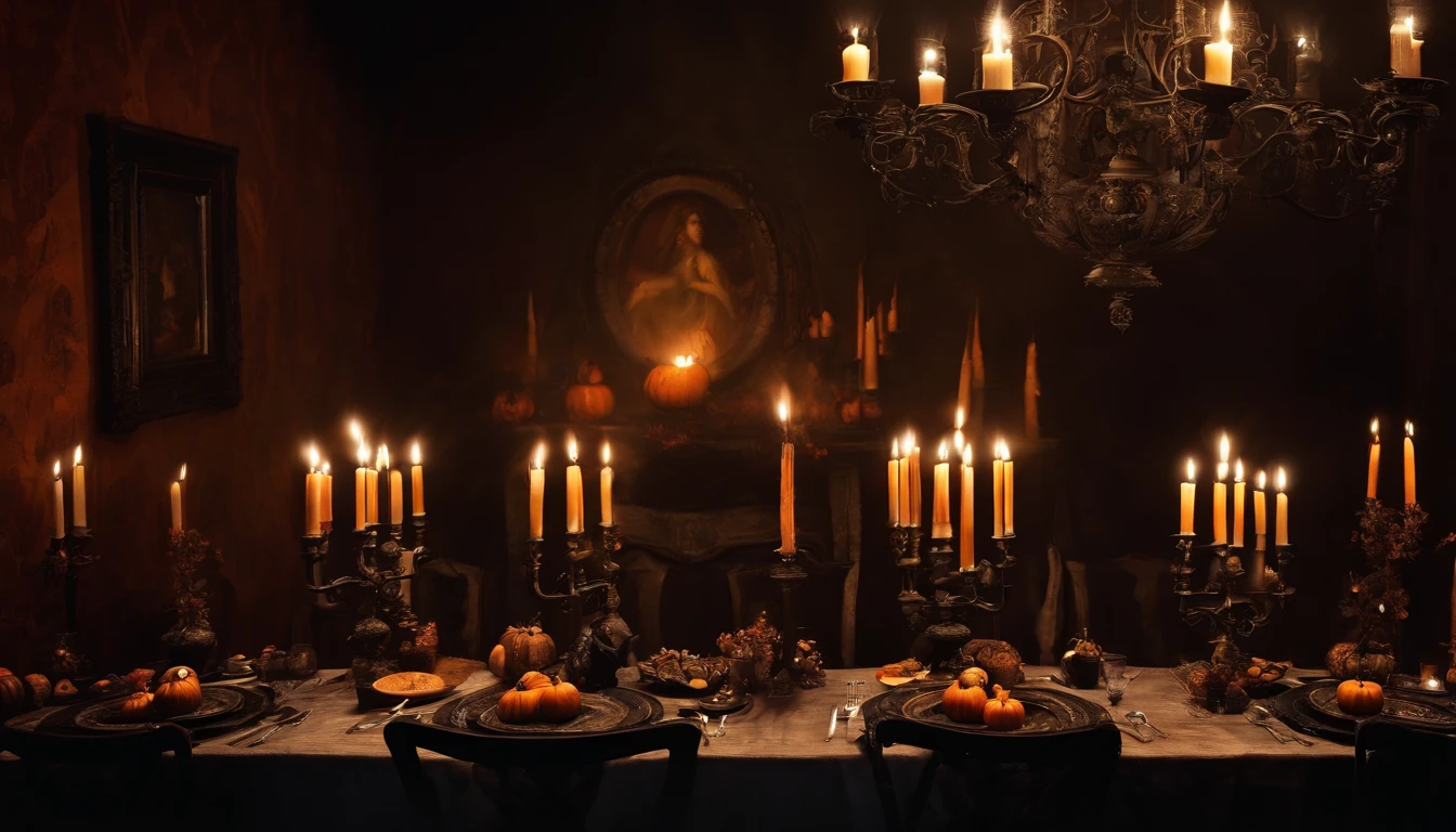 Paint Halloween design with witches dining by candlelight inside a dark house, con gatos alrededor. Mural Art style design. Dark Gothic and Vintage style design.
