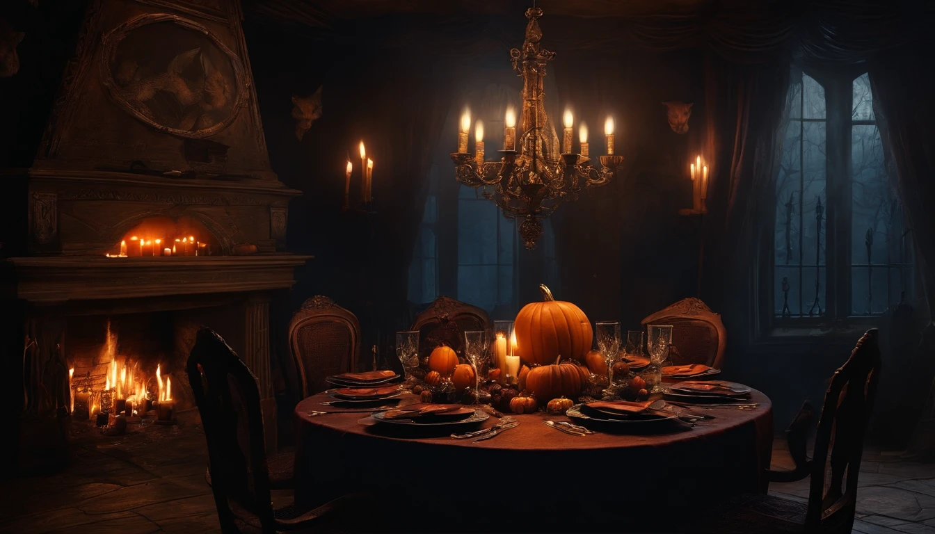 Paint Halloween design with witches dining by candlelight inside a dark house, con gatos alrededor. Mural Art style design. Dark Gothic and Vintage style design.