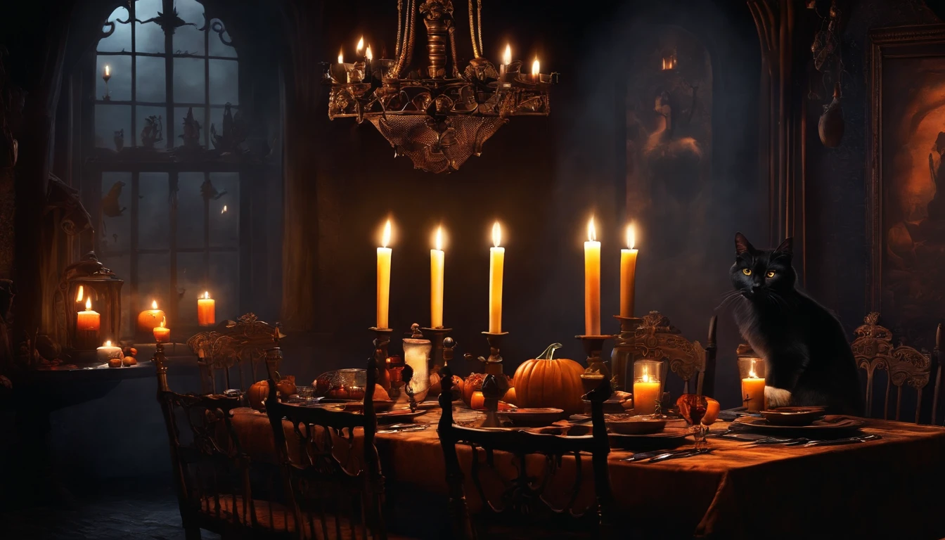 Paint Halloween design with witches dining by candlelight inside a dark house, con gatos alrededor. Mural Art style design. Dark Gothic and Vintage style design.