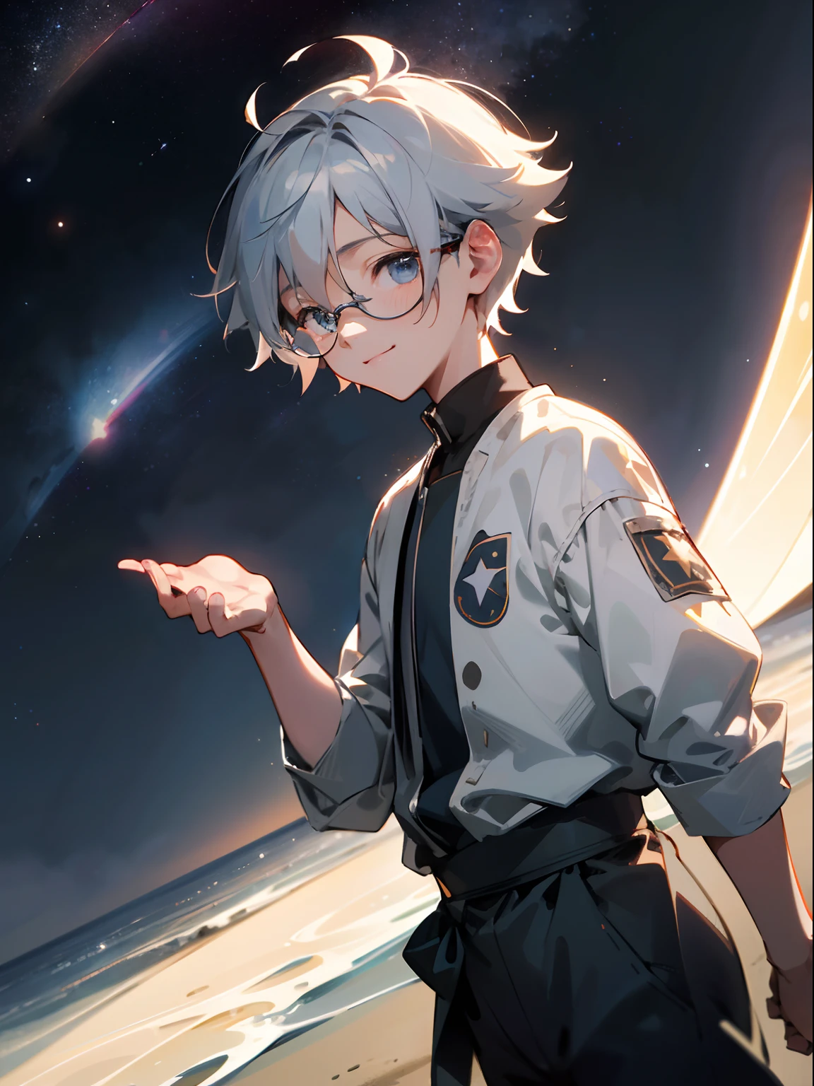 (Male , eye glasses,A smile, silber hair),(((​masterpiece)))、(((top-quality)))、((ultra-definition))、(High Definition CG Illustration)、((extremely delicate and beautiful)),，Background with: Star-starred sky on the beach looking at the stars、A peek into space、endless cosmos in the background、looking out into space、amazing wallpapers、Looking into space、 Makoto Shinkai Cyril Rowland、Animation Art Wallpaper 4K