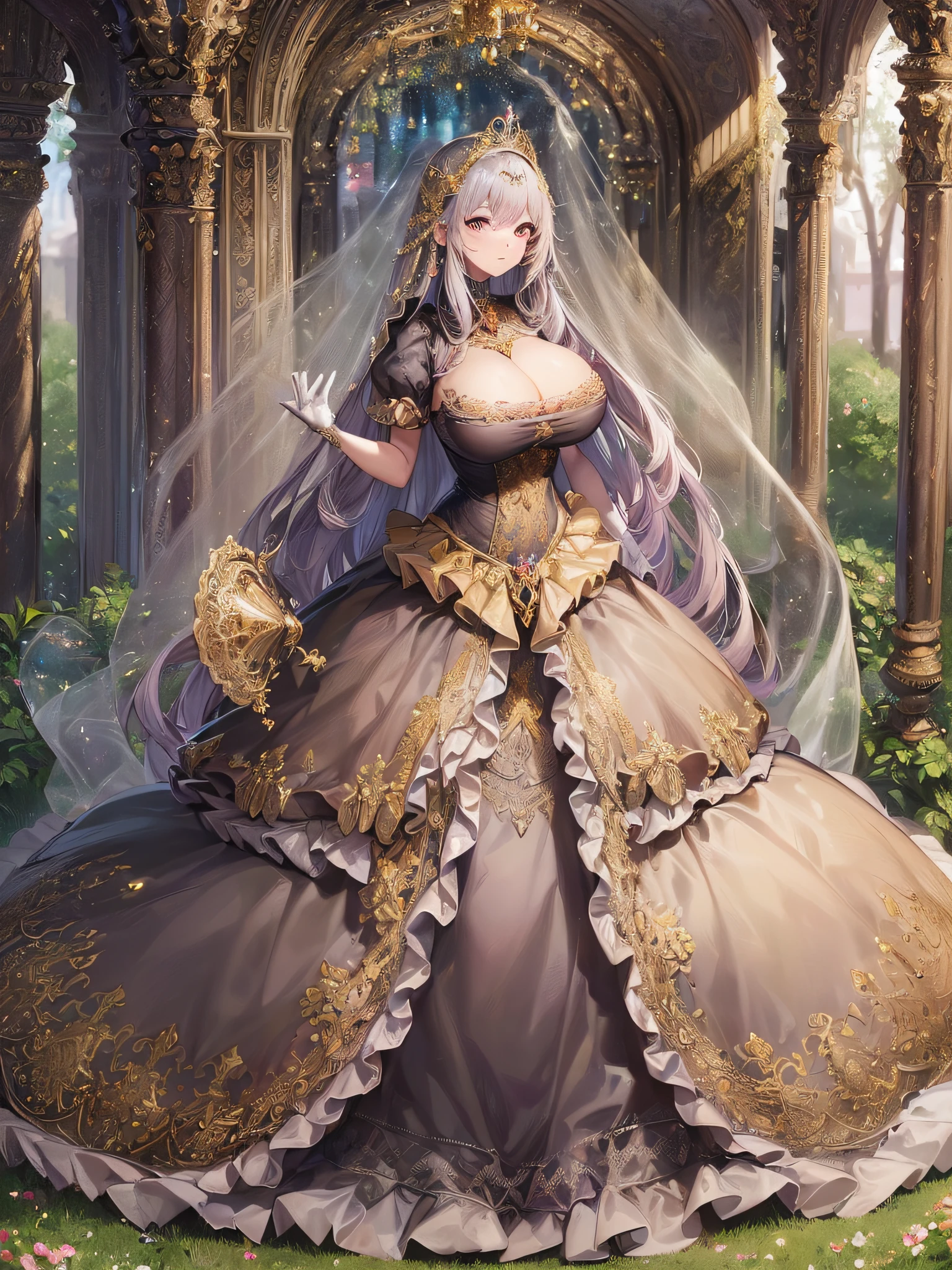 ((Anime Art Style)),(masutepiece),(Best Quality), (Super Detail),((Very delicate and beautiful)),((Full body portrait)),((Stand in the garden)),((Solo)),embarrassed,(((One princess in Gorgeous embroidery and jeweled very gorgeous princess Rococo ballgown with voluminous full length hoop skirt))),(enormous Crinoline Hoop Skirt),Long Train,Gorgeous embroidery and jewelry,(((very gigantic boobs,Skindentation))),((large amount of straight hair,extremely voluminous Hair,Very Long Straight Hair)),(finely detailed face and eyes),((Seductive smile,embarrassed)),(extremely gorgeousfull hair ornament,very gorgeous tiara adorned with bling-bling jewels),Glitter Gorgeous Gemstone Jewelry,Gorgeous Long Veil,(opera gloves),(Beautiful background),(Full body),((Gorgeous embroidery and jeweled gorgeous princess Rococo ballgown with voluminous full length hoop skirt)),