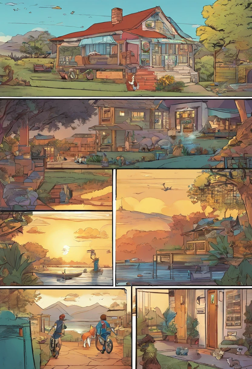 Quadrinhos americanos, The comic is presented in several irregular panels with colors. The short-haired American cat struggles as it runs away from home and then reunites with its owner. The style is exaggerated and detailed