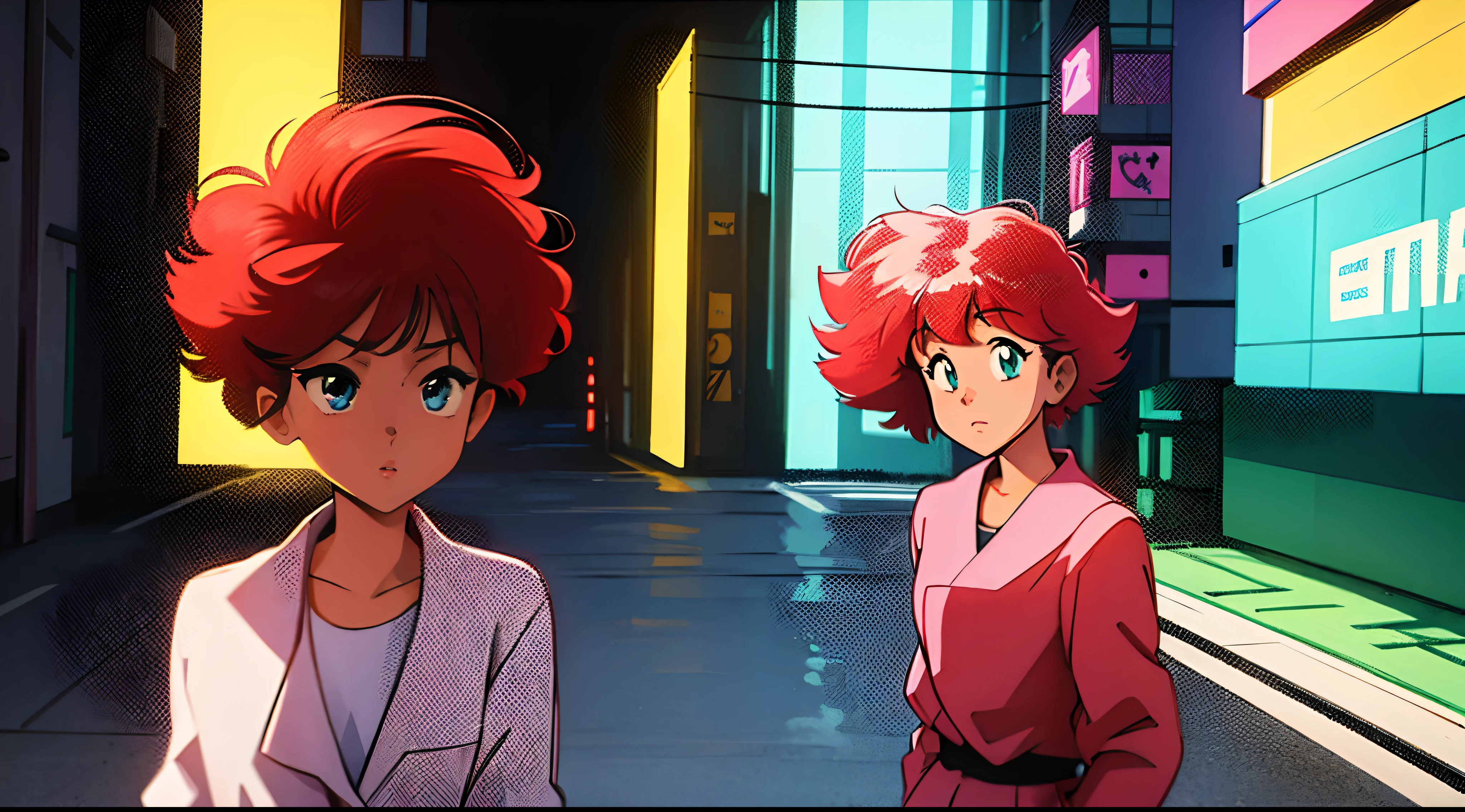 A woman with red hair and a green shirt in front of a building, menina lofi, 8 0 s vibe anime, anime vibes, Digital anime illustration, retro anime girl, menina anime sedutora, Elogio Artstyle, no estilo de arte do anime 8 0 s, Estilo anime. 8k, arte digital do anime cyberpunk, Estilo anime 4k, Night scenery in New York