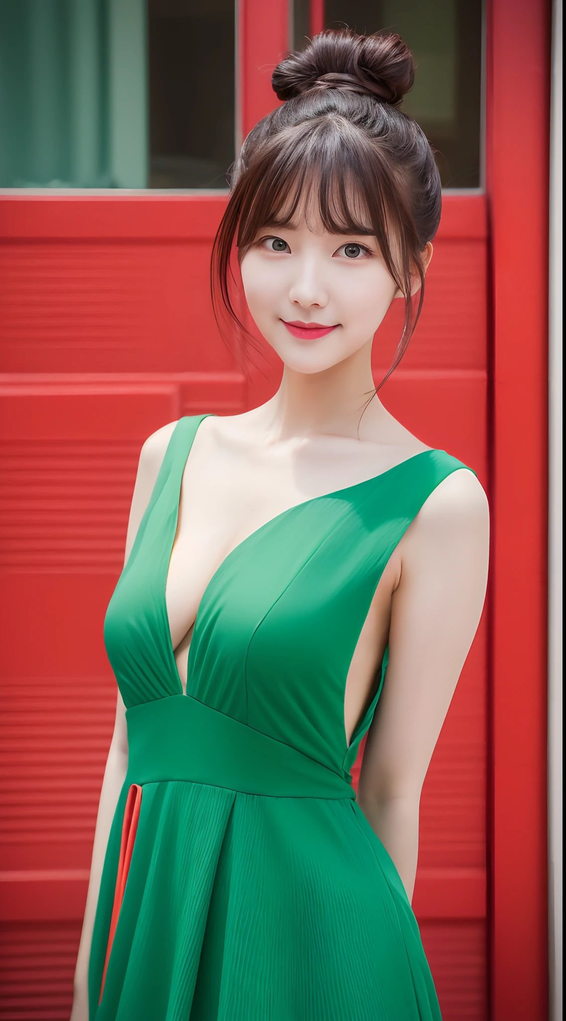 Realistic photos of (1 cute Korean star) cone hair bun, thin makeup, slightly smile, 32 inch breasts size, green colourful dress, standing in front of the red building, upper body portrait, foreshortening, UHD