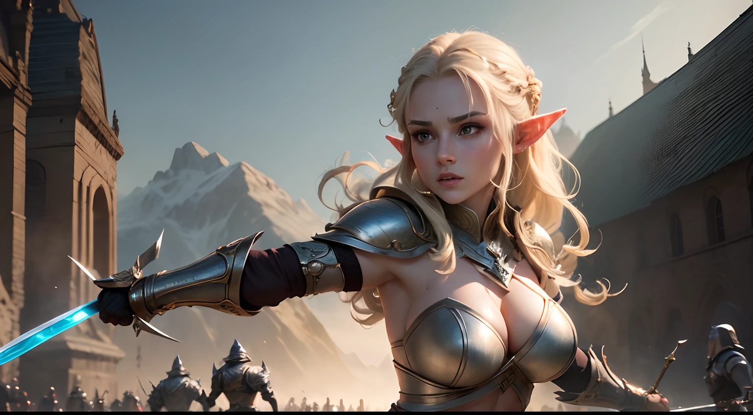 (Best quality, 8k, 32k, Masterpiece, UHD:1.2),Beautiful female elf, woman elf, athletic, large breasts, cleavage, battle scene in background, masterpiece, perfect lighting, uhd, 8k, (wearing armor), lord of the rings, (fighting pose, holding sword), 1girl