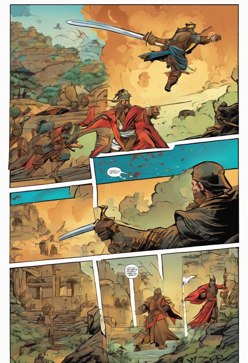 Quadrinhos americanos, The comic is presented in several irregular panels with colors. o samurai com uma espada poderosa passa por dificuldades enquanto luta contra seu mestre ninja