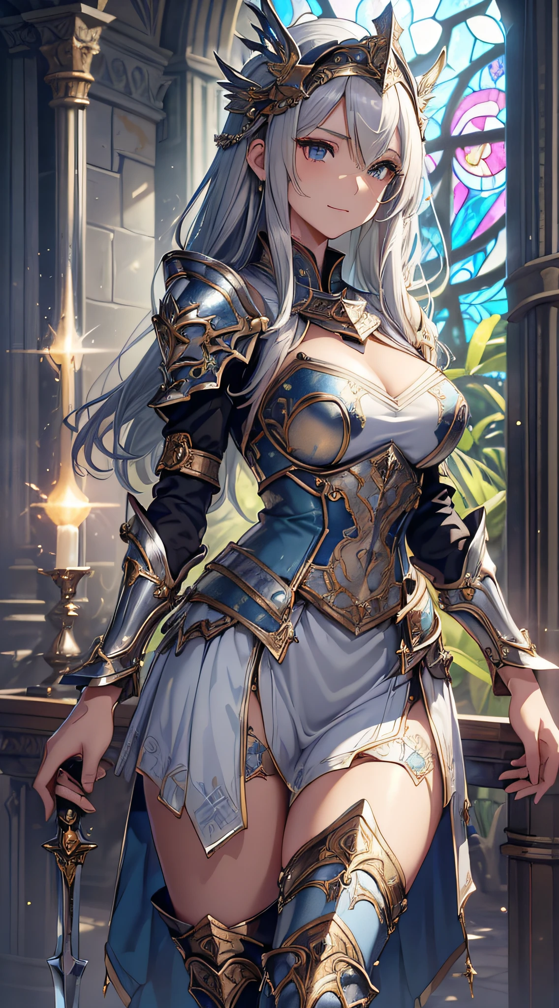 ((top quality)),(Super high resolution),(super detailed),(detailed description),((best anime)),(best work of art),(super precision art),Intricate and detailed science fiction art, tight suit:1.5, cleavage、beautiful eyes、3D rendering、smile、silver hair