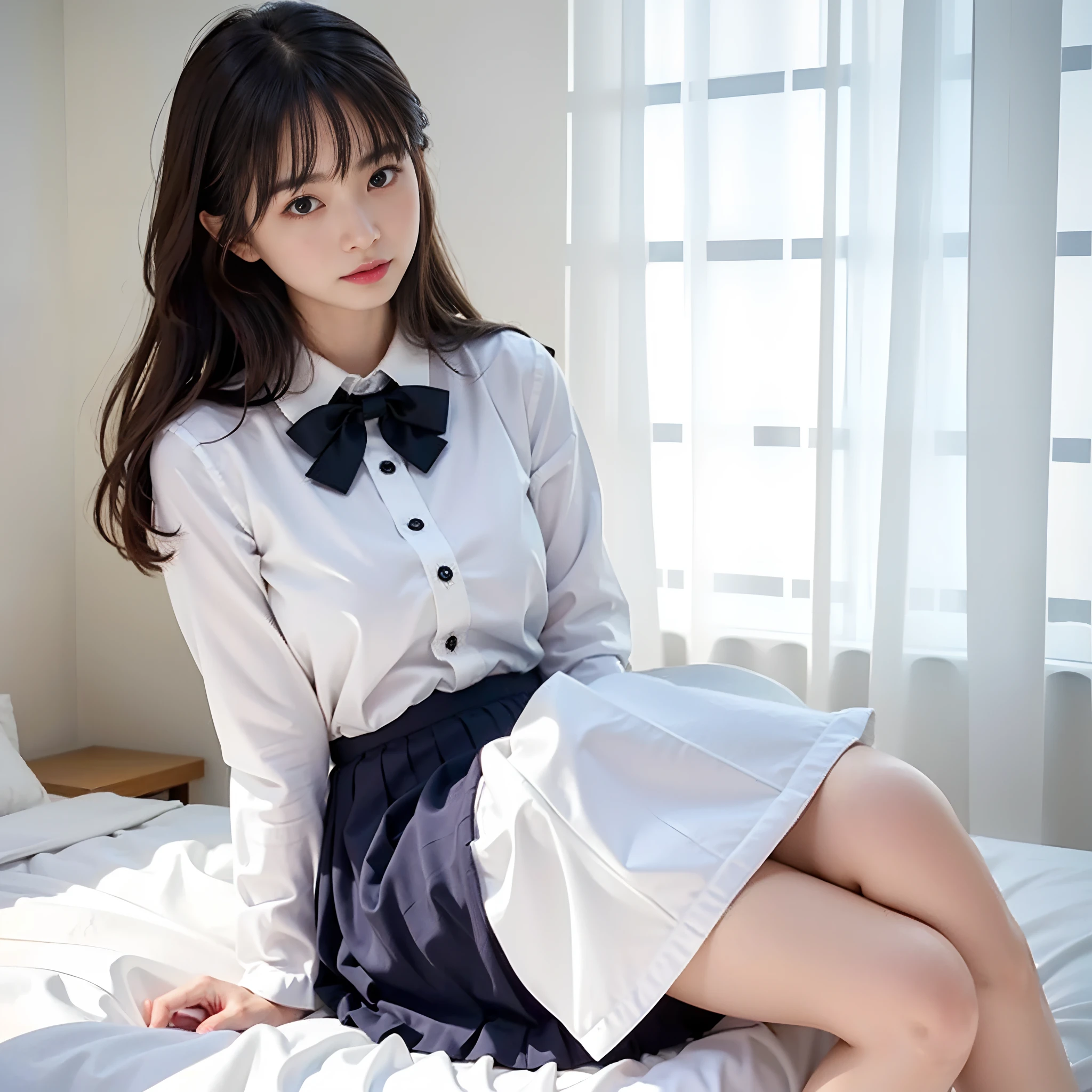 8K quality,(Photoreal: 1.4), (Hyperrealistic: 1.4), (Realistic: 1.3), (Smooth lighting: 1.05), (Improved Cinematic Lighting: 0.9), 32K, (In a dimly lit room)light grin,(1 Japanese woman), Age 22 years old,Realistic lighting, Backlight, Face Lights, Ray traching, (Bright light: 1.2), (Quality improvement: 1.4), ( Top quality realistic texture skin: 1.4), Fine Detailed Eyes, Detailed face, Fine quality eye, Dark brown eyes, Feeling a little shy,Feel optimistic and sunny(Medium to large round chest),(Tired, Sleepy and Satisfied: 0.0), Pale light, White blouse, Bow tie, Navy blue skirt, Silk white ankle socks,(did not wear panties),The edges roll up and wear out, Sit quietly on the bed