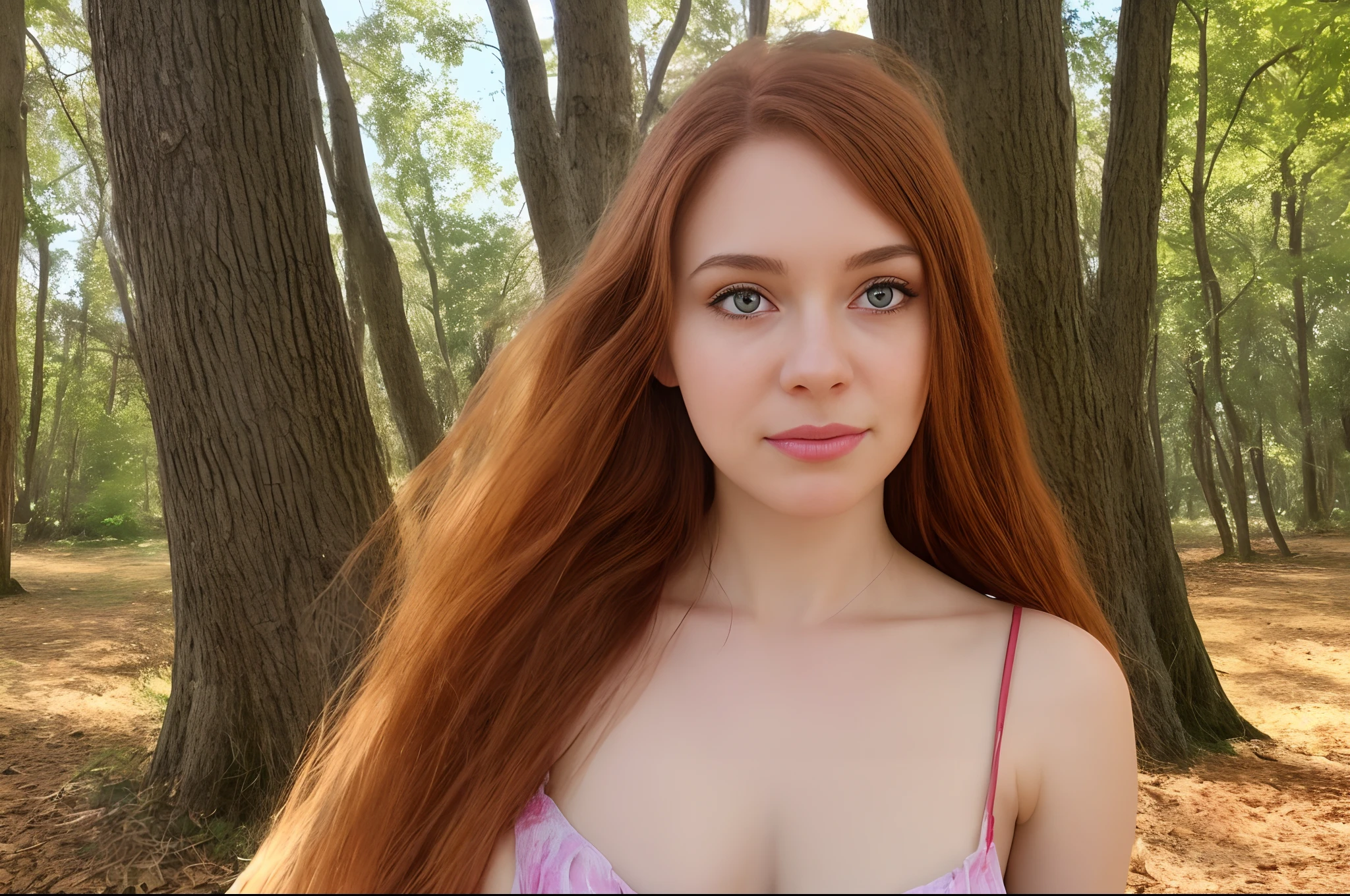 a close up photo of the face of a beautiful woman, ginger hair, long hair, messy hair, brown eyes, sexy, maple trees, nature background