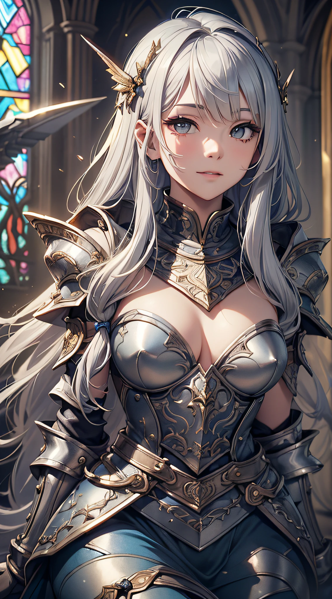 (Official art、Best Quality、Unity 8k Wallpapers、32K、masterpiece、ultra-detailliert、超A high resolution、realisitic、Photorealsitic:1.2)、(Cinematic lighting:1.2)、Fireglow effect、film grains、Best Shadows、Rim lighting、side lights、sideshot、(Ultra-detailed and complex 3D rendering)、Detailed beautiful face and eyes、Sharp pupils、Realistic pupils、A slender、1Man Woman、Medium bust、(Full body:1.2)、 beauitful face、16-year-old beautiful girl、(super detailed skin、detailed skin textures:1.3)、(silver blond、Blue-silver hair:1.3)、Paladin、Longhaire、Blunt bangs、Gray eyes、3 braids in 1 bunch、(Blue Armor、Blue Boots、Blue helmet、Jeweled、Gold embroidery)、A slender、Maxi skirt、(thighs thighs thighs thighs:0.8)、(chies、in a house、Artistic stained glass、Large pipe organ、crosses、Hello Point、Mystical、Particles of light、solemnity、Sunlight is、colourfull、Fantastical:1.2)、(Fantastical:1.3)、(Carrying a silver sword:1.3)、(Looking away、looking distantly:1.3)、Fantastical、Gentle smile、I opened my mouth a little、