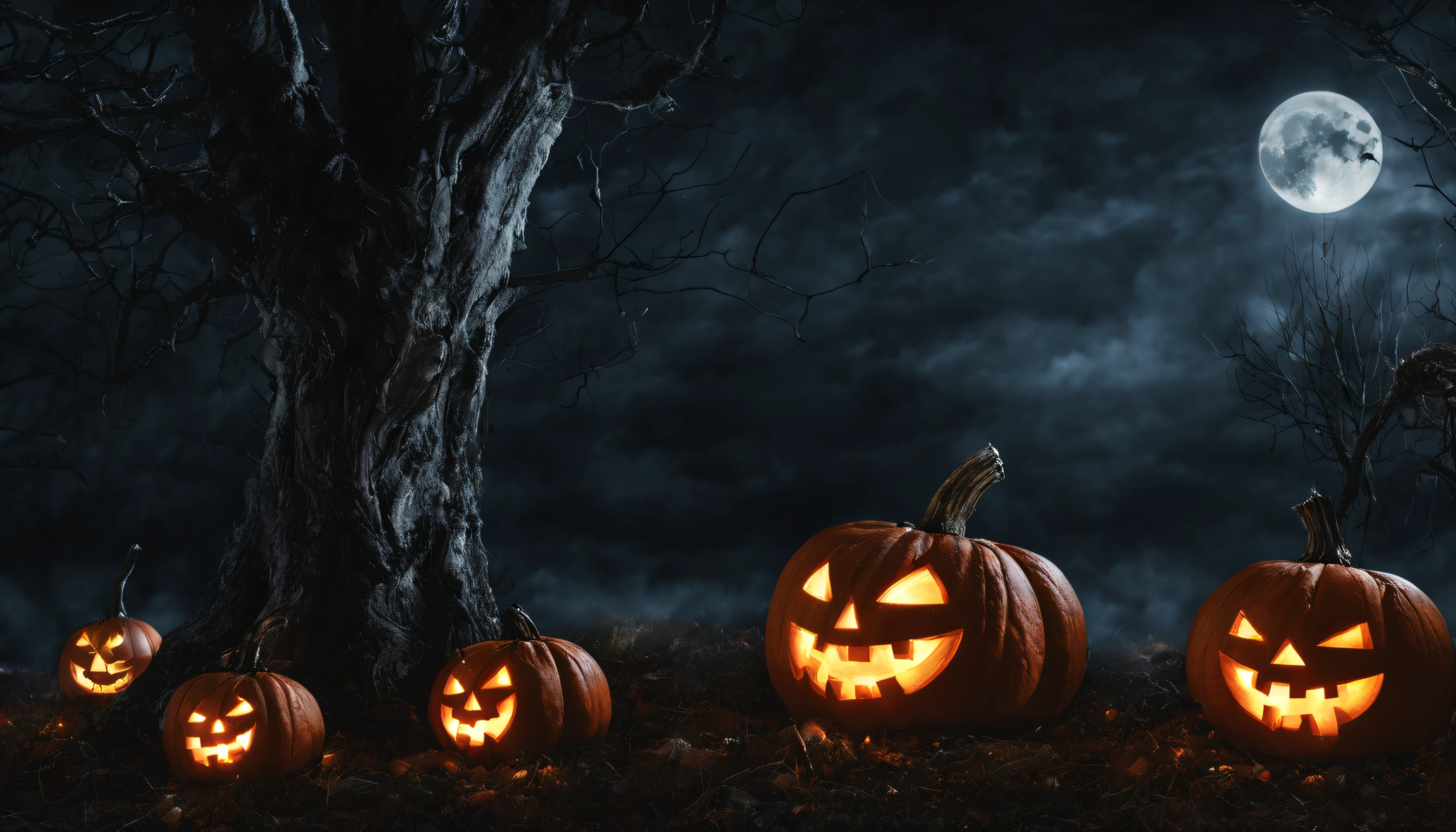 Halloween,Gruseliges Bild ,Nachts,Friedhof, Nebelschwaden,Vollmond,dynamisches Licht,Kerzen ,Halloween Pumpkins,spooky trees,Geist,Kreaturen verstecken sich ,High quality,sehr detailliert,Meisterwerk
