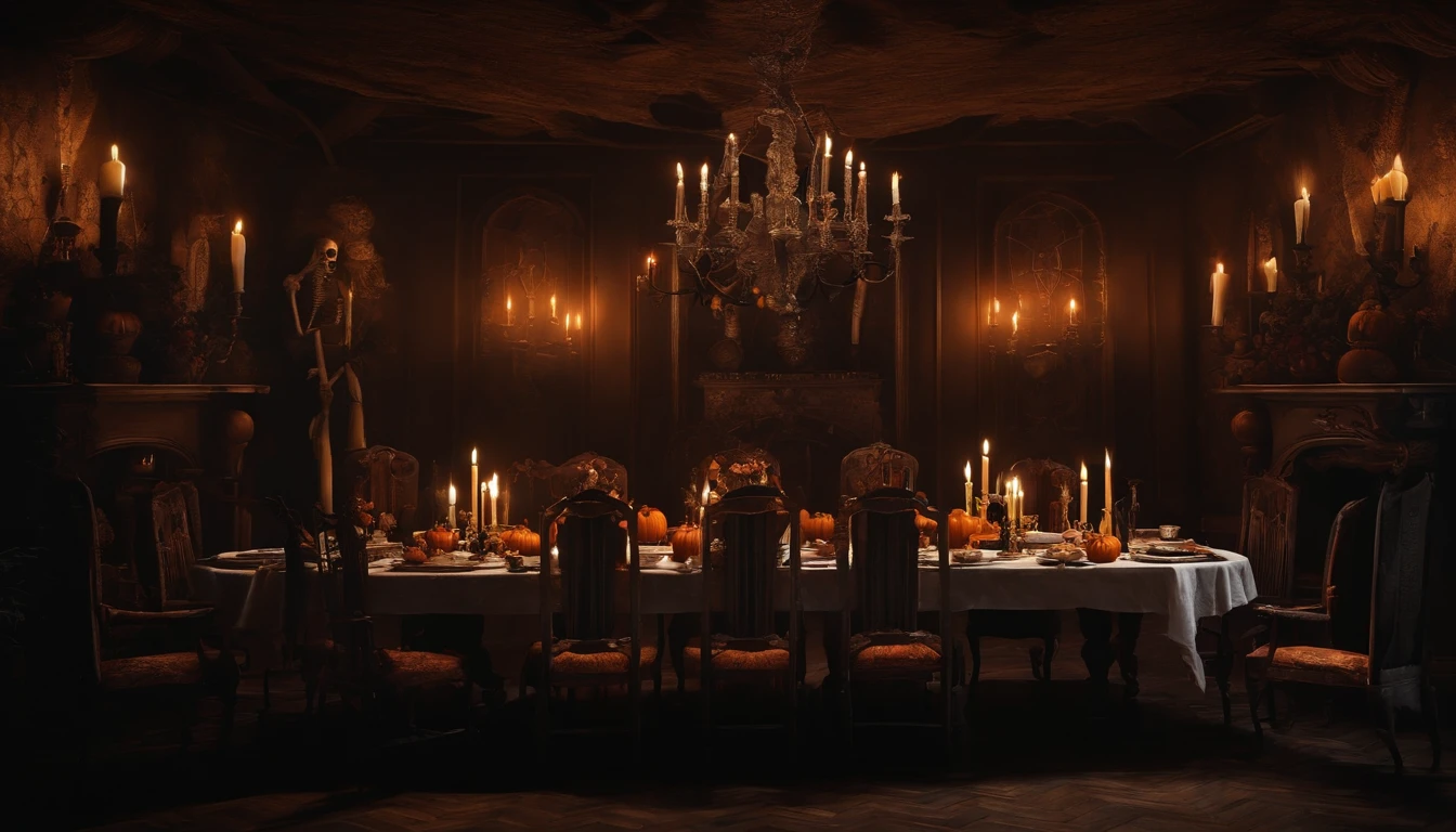 Paint the Halloween design with skeletons dining by candlelight inside a dark house, con gatos alrededor. Mural Art style design. Dark Gothic and Vintage style design.