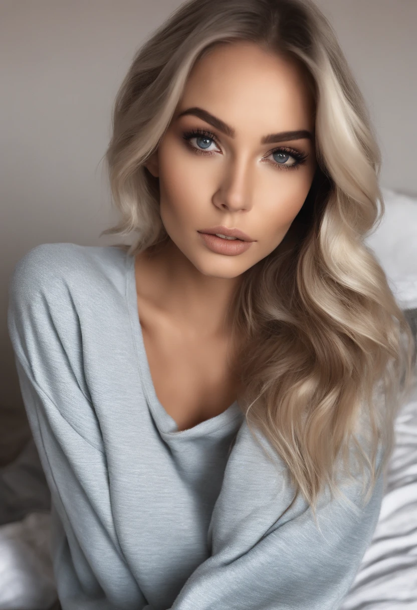 woman with navy sweatshirt and white pants, Sexy girl with blue eyes, portrait sophie mudd, portrait corinna kopf, blonde hair and large eyes, Selfie einer jungen Frau, Augen im Schlafzimmer, Violet Myers, ohne Make-up, Natural makeup, Blick direkt in die Kamera, Gesicht mit Artgram, dezentes Make-up, Stunning full body shot, im Schlafzimmer, Spaltung