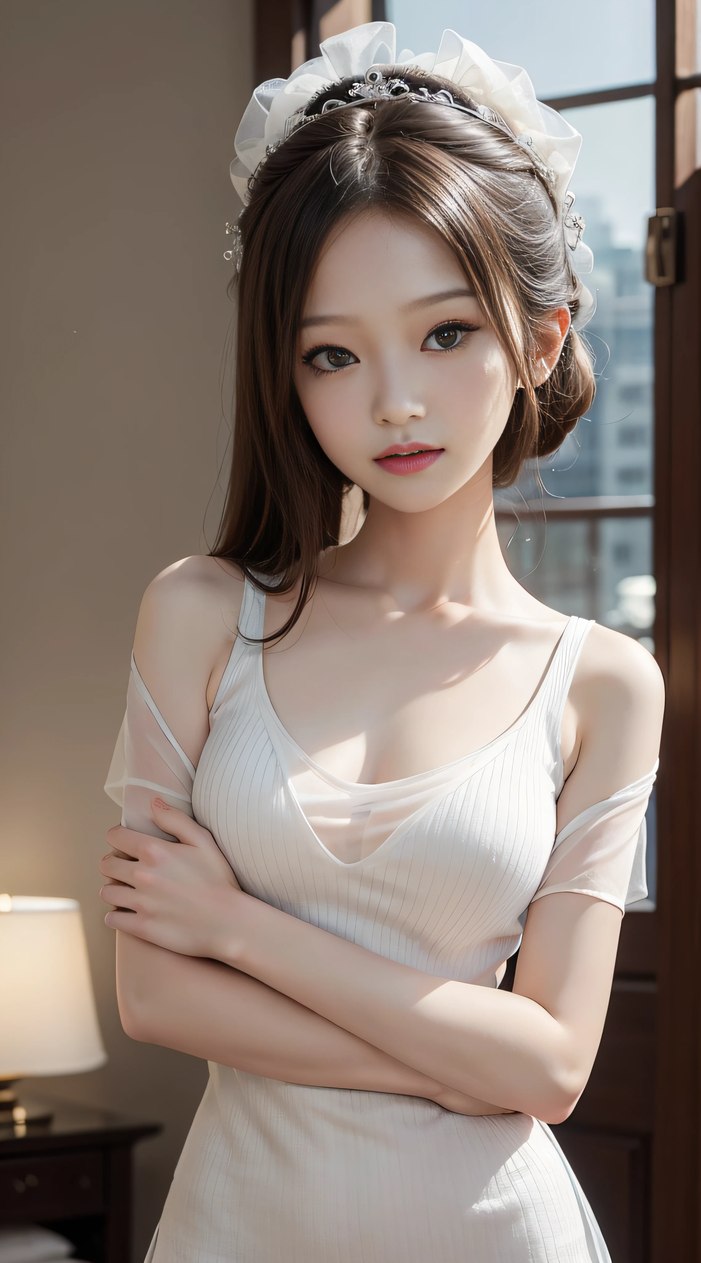 ​masterpiece、Top image quality:1.2、((beautiful young woman with))、Transparent skin:1.2、{A slight smil}、(kawaii)、Short sleeve knit:2.0、luxury hotel、depth of fields、Sharp Focus:3.0、Fine details、The chest is sheer、Hands posed over head、Show the armpits