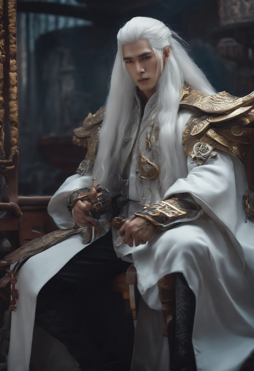 Men, Chinese style, Long white hair, Cyberpunk, Vintage clothing, HD, Mecha, full bodyesbian,