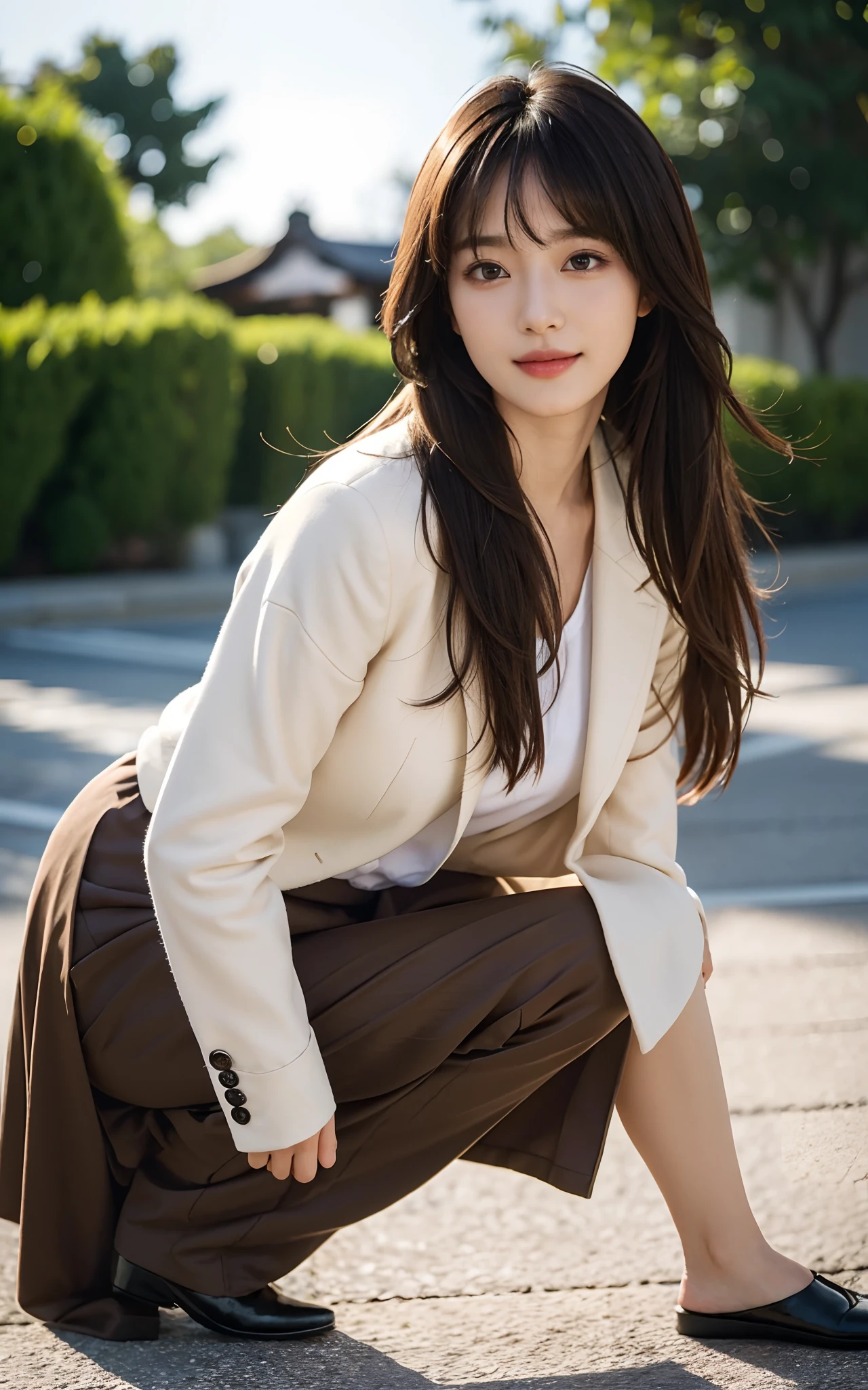 Masterpiece, Best picture quality, High quality, Random background,Beautiful woman, Japanese, Detailed, Detailed eyes, Detailed skin, Beautiful skin, 超A high resolution, (reality: 1.4),Very beautiful, Slightly younger face, Beautiful skin, Slender, (Ultra photo realsisim), (A high resolution), (8K), (Very detailed) (Beautifully detailed eyes), (Super detailed), leisure wear,long skirt,tailcoat,校服,Pants, (the wallpaper), (Detailed face), view the viewer, Fine details, Detailed face, Smiling, Staring straight ahead, Staring straight ahead, Full-body angle, Realistic photo, Bright lighting, Professional lighting, Mature woman, Brown hair, Sway in the wind Straight hair side by side, Long stylish bangs,