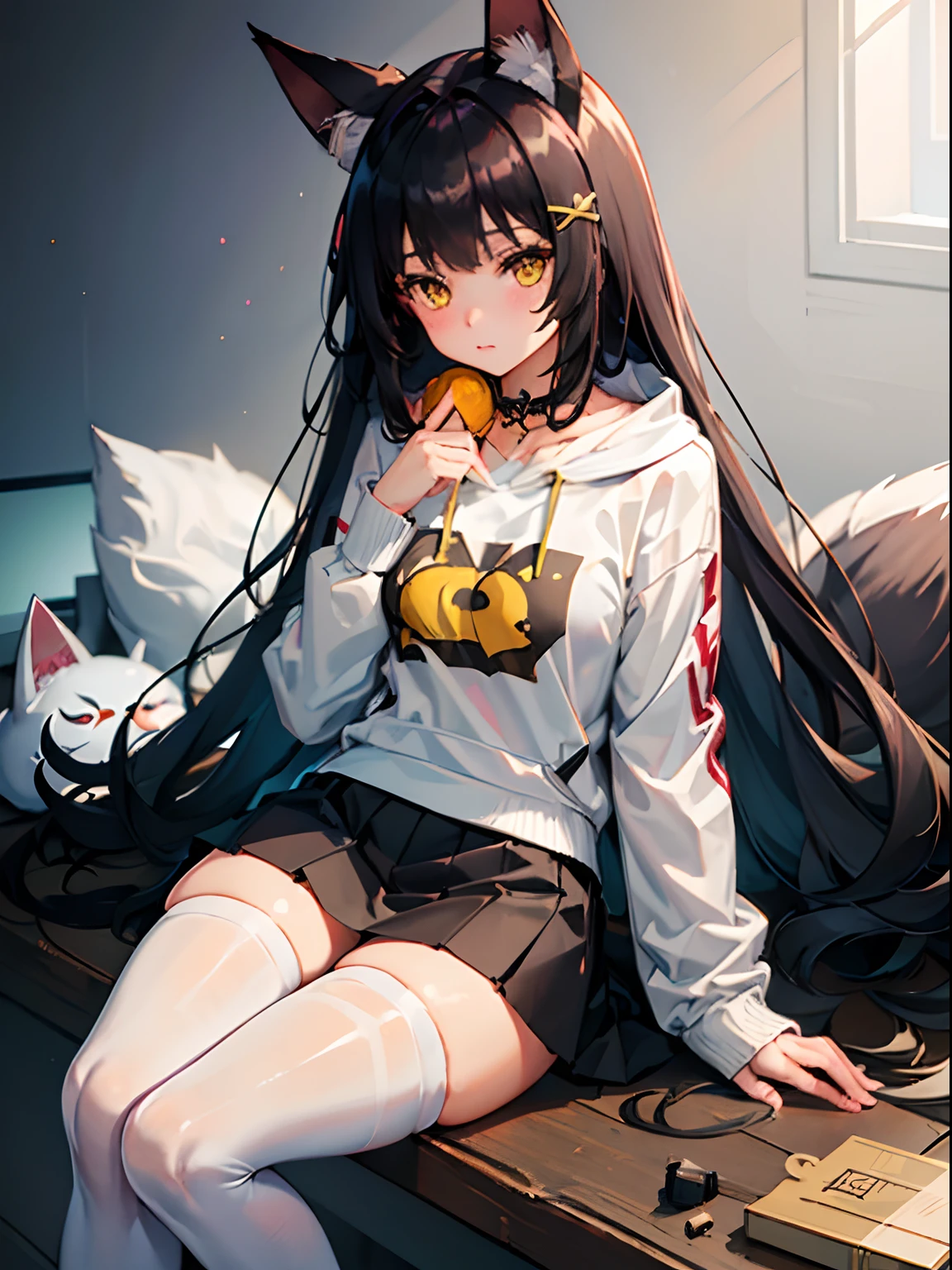 (((best quality, 1girl))), animal ears, fox ears, black hair, long hair, bangs, animal ear fluff, yellow eyes, blunt bangs, hair ornament, brown eyes, hoodie, skirt, white pantyhose, young, loli,