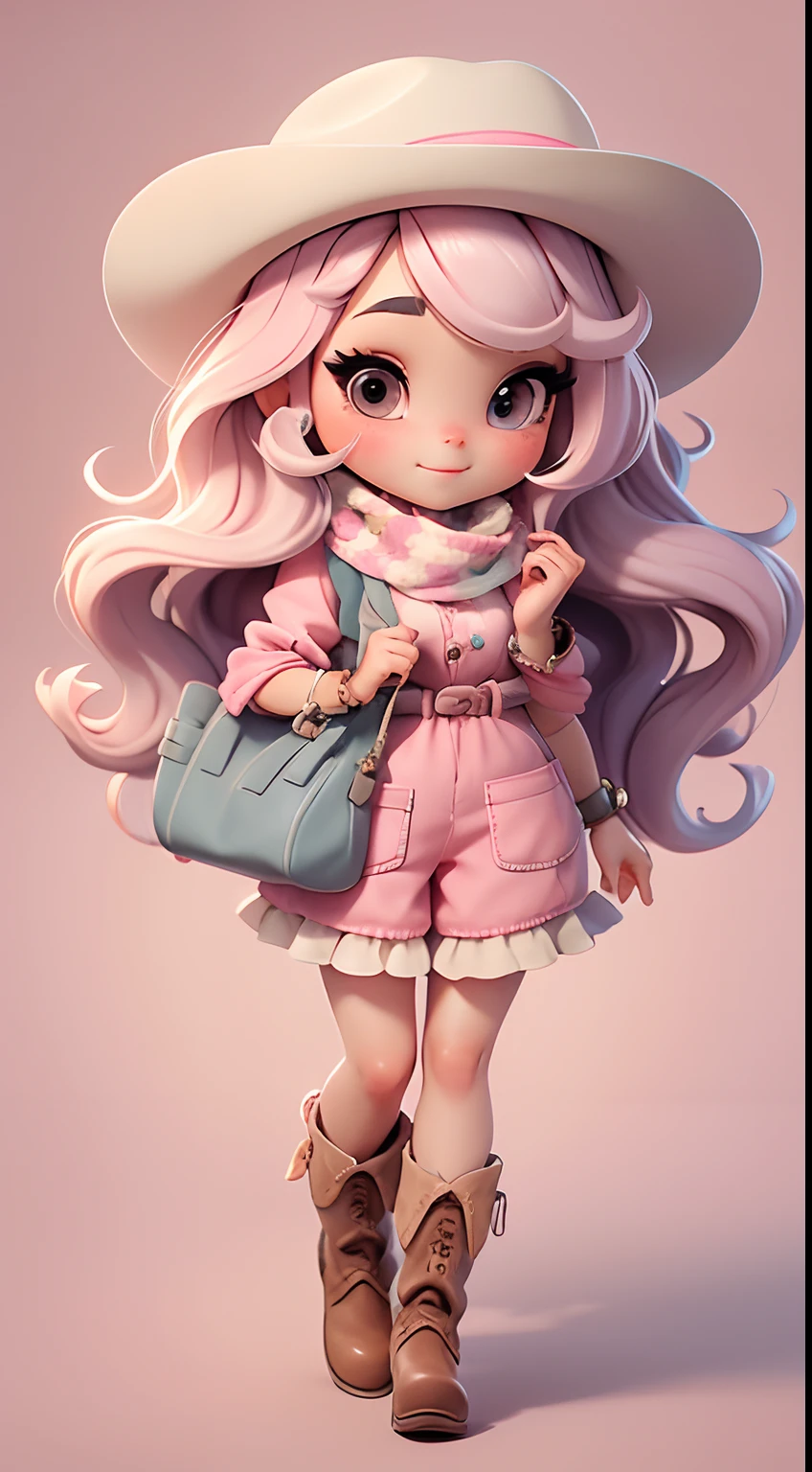 Create cute ??? style chibi doll outfits with cute cowgirl themes., Each piece has a lot of detail and 8K resolution.. All dolls should follow the same and complete stable background pattern in the picture., Show (full entire body, Including legs: 1.5)
Cowgirl doll: Call her Mia.. She must have moderately wavy hair.. Your eyes should be big and curious., It has long eyelashes and slightly pink cheeks.. Mia should wear a sensitive jumpsuit., Cowboy boots and polka dot shirts and cute cowboy hats.. She had to carry farm jewelry.. Add details like bags and scarves to the apron to make it more glamorous., Cute shoes
Don't forget to add shadows., Texture and detail in hair, clothes, Cute cowboy appliances, To make them more cute and charming..