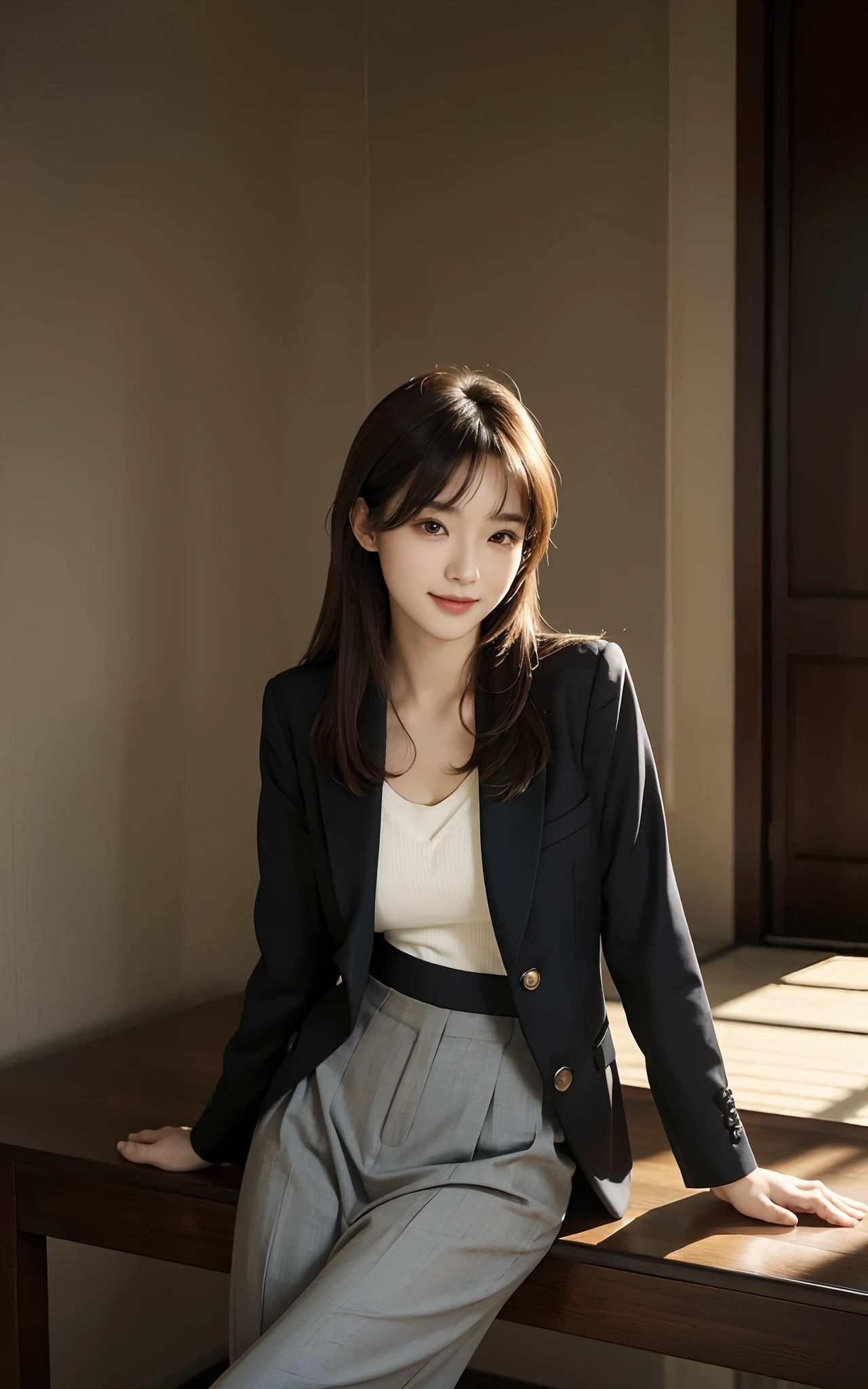 Masterpiece, Best picture quality, High quality, Random background,Beautiful woman, Japanese, Detailed, Detailed eyes, Detailed skin, Beautiful skin, 超A high resolution, (reality: 1.4),Very beautiful, Slightly younger face, Beautiful skin, Slender, (Ultra photo realsisim), (A high resolution), (8K), (Very detailed) (Beautifully detailed eyes), (Super detailed), leisure wear,long skirt,tailcoat,校服,Pants, (the wallpaper), (Detailed face), view the viewer, Fine details, Detailed face, Smiling, Staring straight ahead, Staring straight ahead, Full-body angle, Realistic photo, Bright lighting, Professional lighting, Mature woman, Brown hair, Sway in the wind Straight hair side by side, Long stylish bangs,