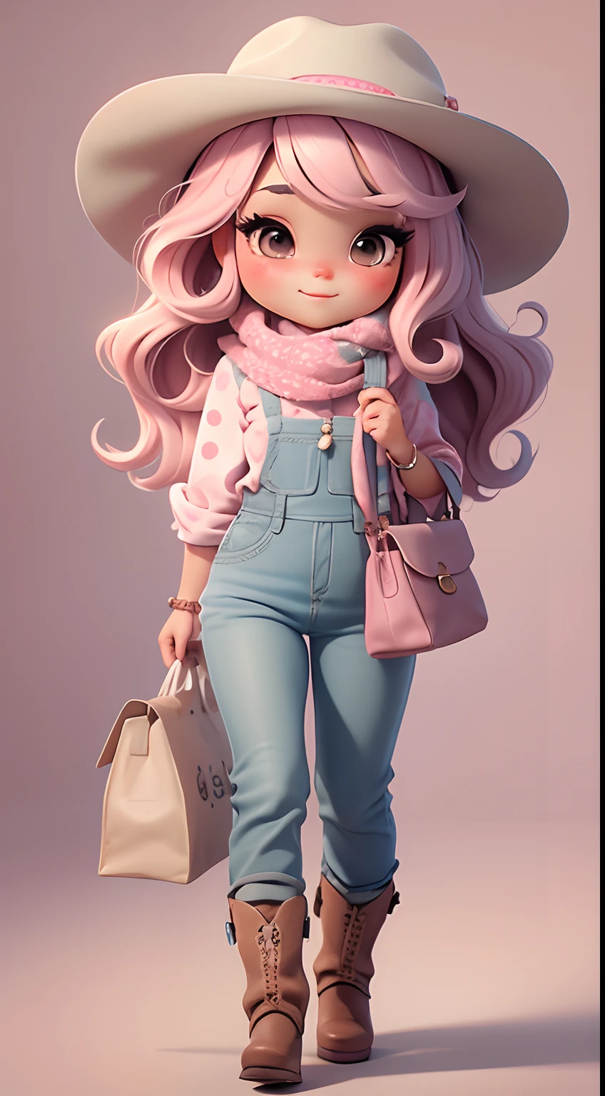 Create cute kid style chibi doll outfits with cute cowgirl themes., Each piece has a lot of detail and 8K resolution.. All dolls should follow the same and complete stable background pattern in the picture., Show (full entire body, Including legs: 1.5)

Cowgirl doll: Call her Mia.. She must have moderately wavy hair.. Your eyes should be big and curious., It has long eyelashes and slightly pink cheeks.. Mia should wear a sensitive jumpsuit., Cowboy boots and polka dot shirts and cute cowboy hats.. She had to carry farm jewelry.. Add details like bags and scarves to the apron to make it more glamorous., Cute shoes

Don't forget to add shadows., Texture and detail in hair, clothes, Cute cowboy appliances, To make them more cute and charming..