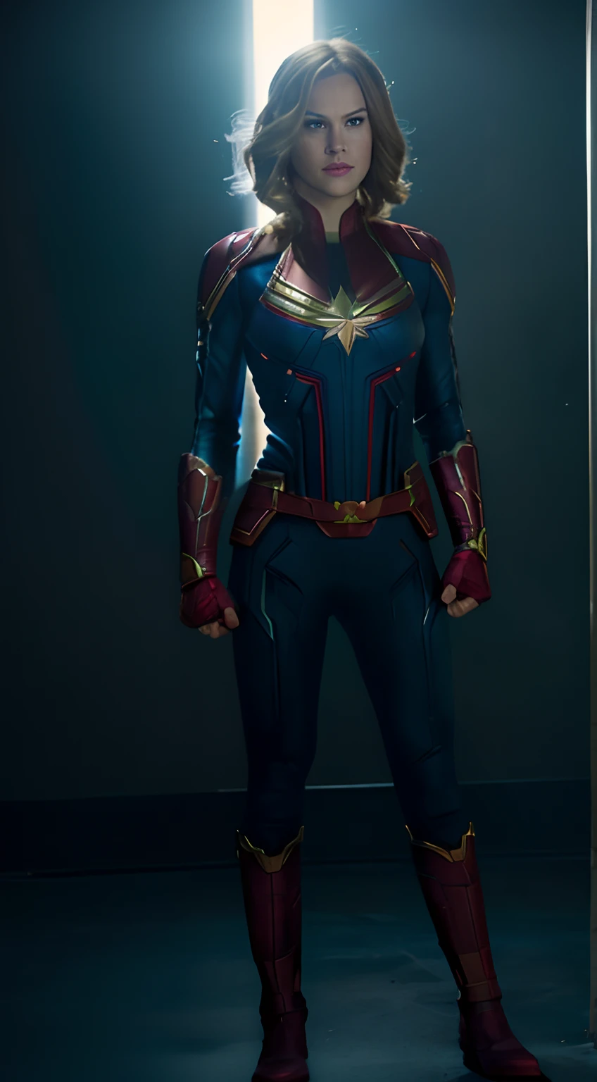 captain marvel is posing in a dark room with a light shining on her, gal gadot as captain marvel, captain marvel, from marvel studios, marvel movie still, cinematic full body shot, emma watson as captain america, gal gadot as captain america, marvel costumes, marvel style, film still of gal gadot, medium close - up ( mcu ), full body shoot